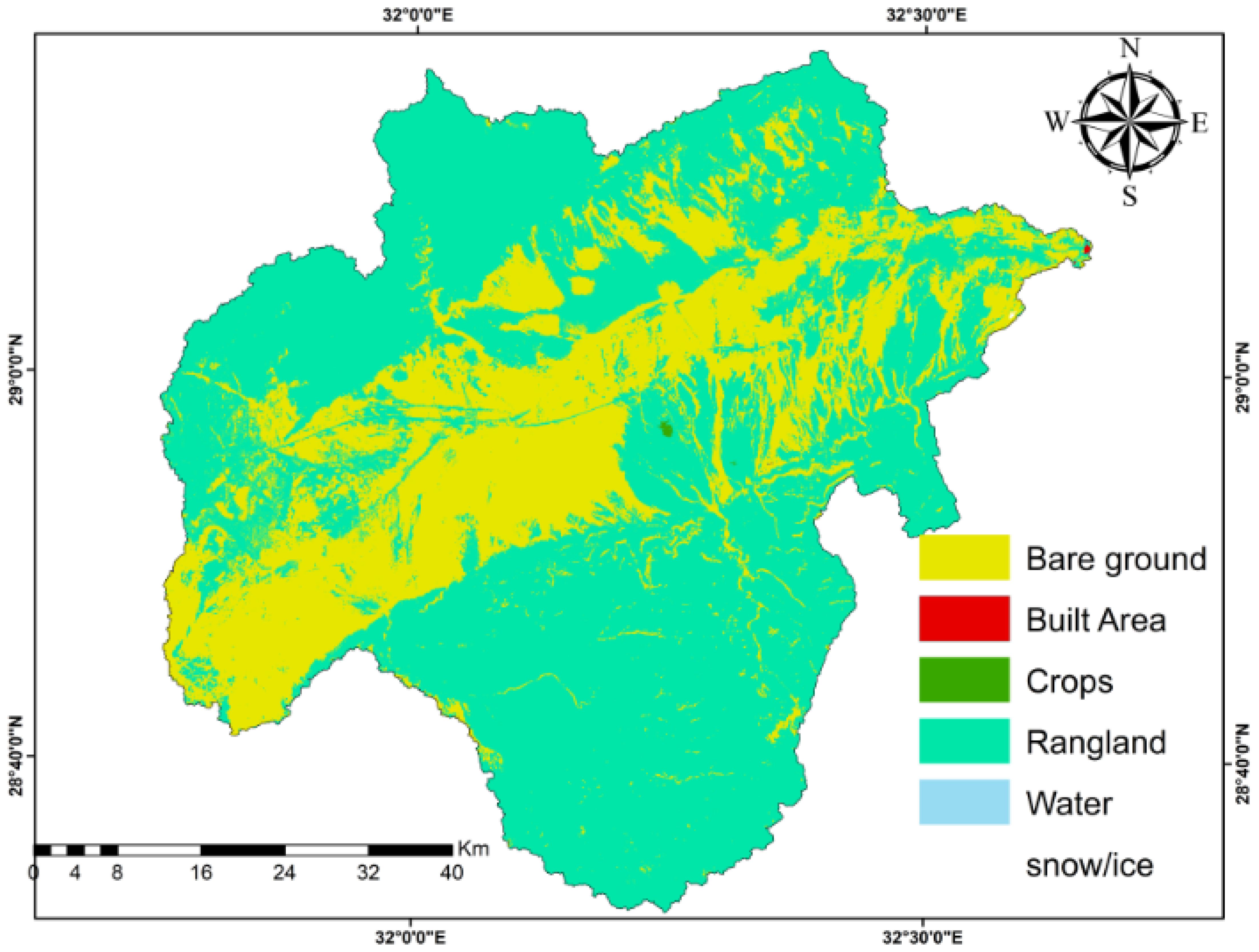 Map showing land use classification with colors representing different areas: yellow for bare ground, red for built areas, green for crops, light green for rangeland, turquoise for water, and light blue for snow or ice. Includes a compass and scale bar.