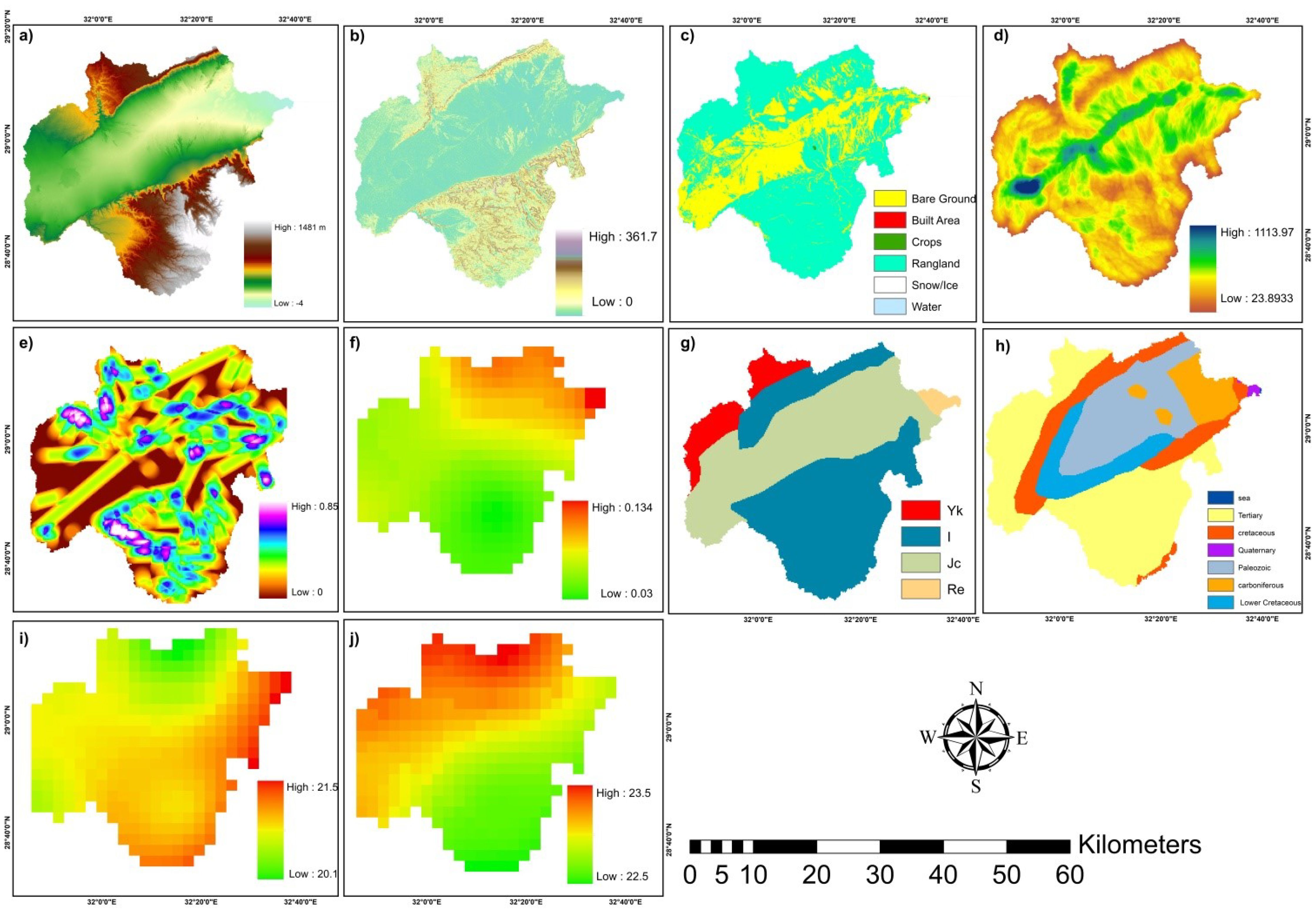 Ten-panel display of geographic information maps depicting various data layers. Panels (a) and (d) show elevation and temperature ranges with color gradients from high to low. Panel (b) highlights terrain details, while panel (c) classifies land cover types like bare ground and water. Panel (e) features flood risk areas with vibrant colors. Panels (f) to (j) illustrate other data models, possibly related to vegetation and infrastructure. A compass rose and scale bar indicate orientation and distance in kilometers.