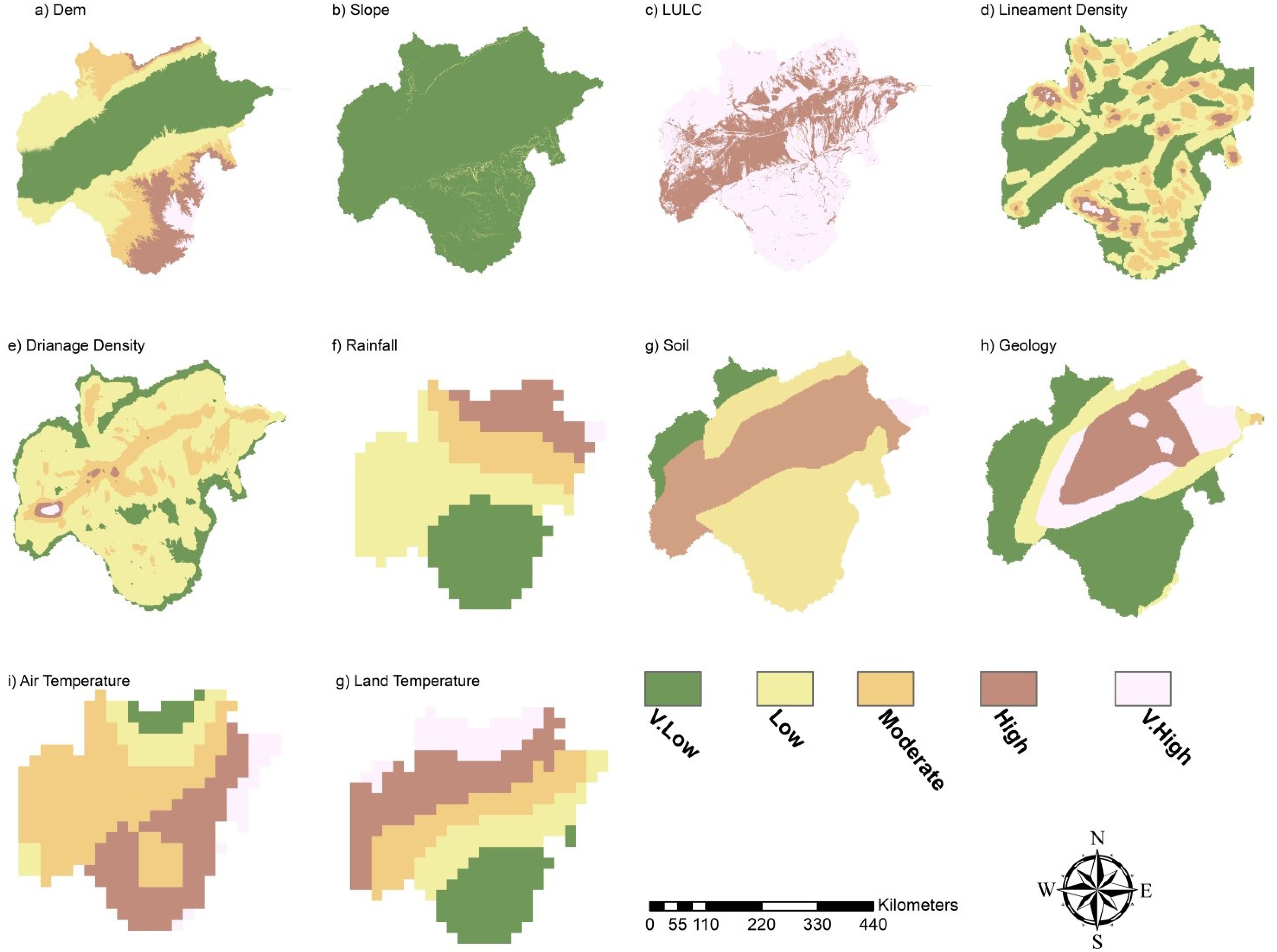 Twelve thematic maps display various environmental factors over a geographic area. Each map represents different data: a) DEM, b) Slope, c) LULC, d) Lineament Density, e) Drainage Density, f) Rainfall, g) Soil, h) Geology, i) Air Temperature, and j) Land Temperature. The maps use color gradations from very low to very high, indicated in the legend. A compass rose and scale bar are included.