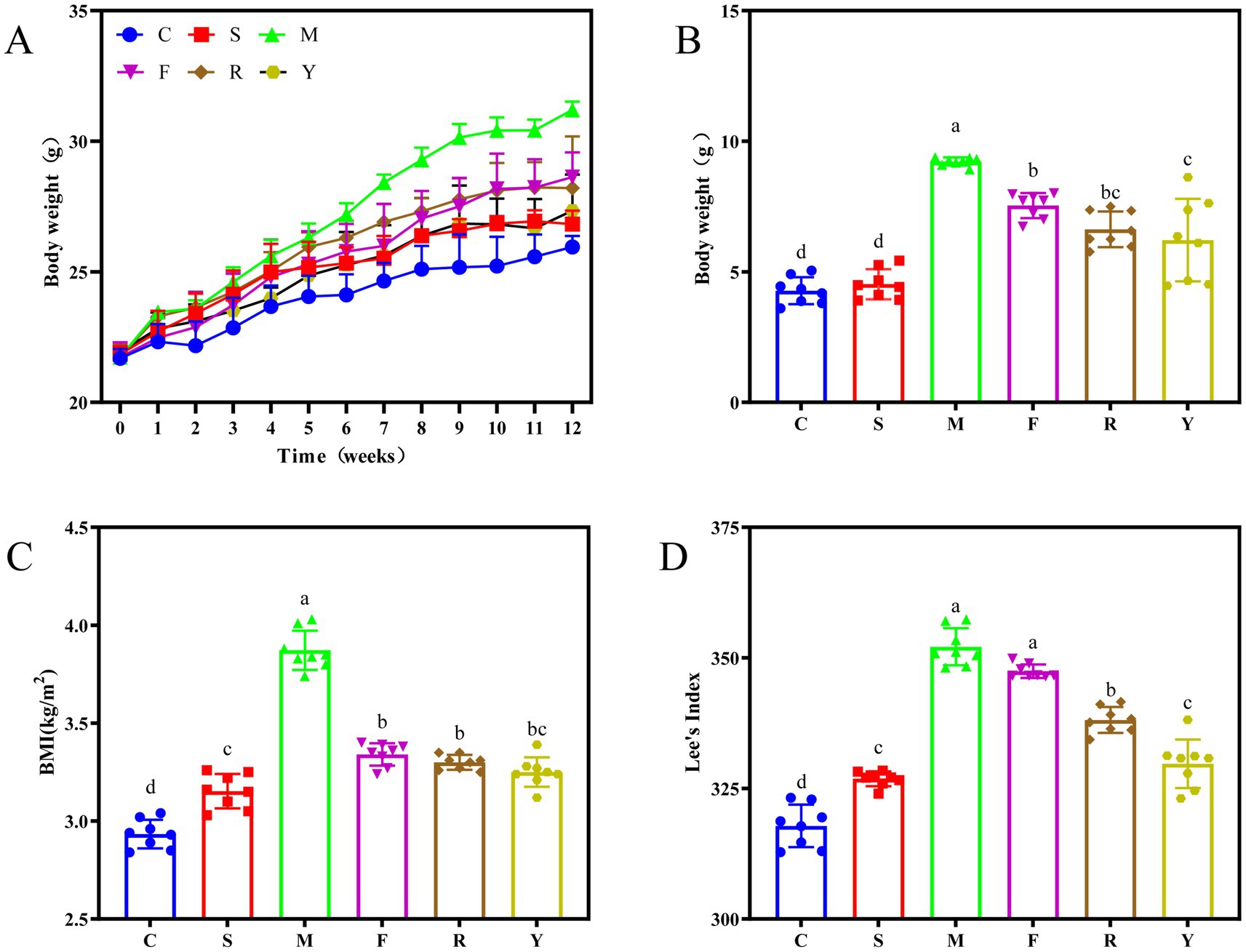 Graphs illustrating body weight, BMI, and Lee's index across different groups labeled C, S, M, F, R, and Y. Graph A shows body weight trends over 12 weeks, with group M experiencing the highest increase. Graph B displays end-point body weight, where M is the highest. Graph C shows BMI, with M as the highest. Graph D depicts Lee's index, with M and F groups equally high, followed by R and Y. Data points are marked with different symbols and letters indicating statistical differences.