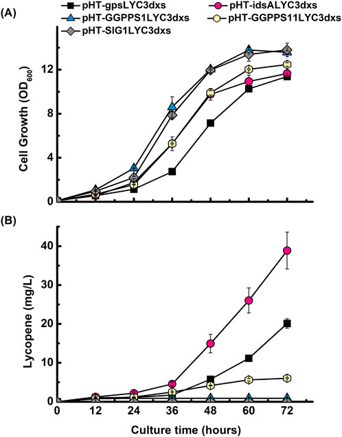 Graph with two panels showing cell growth and lycopene production over time for various plasmids. Panel (A) displays cell growth in optical density at 600 nm over 72 hours for five plasmids. Panel (B) depicts lycopene concentration in milligrams per liter over the same period. pHT-idsALYC3dxs plasmid exhibits significantly higher lycopene production compared to others.