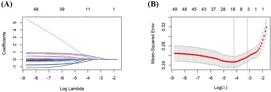 Two graphs in one image. (A) A coefficient path plot showing coefficients against the log of lambda values, with lines converging as lambda increases. (B) A plot of mean-squared error versus log lambda values, with a red curve indicating error values and grey bars representing variability, showing an optimal value around log lambda equals negative four.