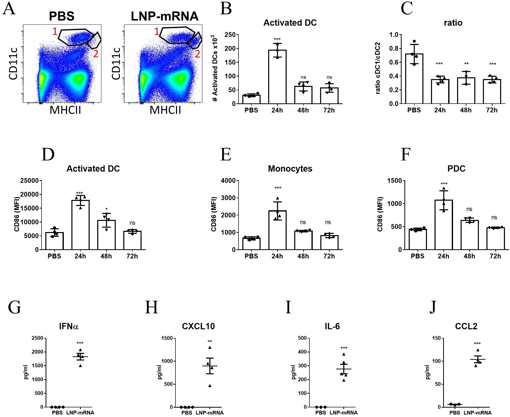 Flow cytometry and bar graphs illustrating immune response data. Panel A shows two flow cytometry plots comparing PBS to LNP-mRNA treated samples, highlighting activated dendritic cells (DCs). Panels B, C depict bar graphs of activated DC counts and cDC1/cDC2 ratios over time. Panels D, E, F display mean fluorescence intensity (MFI) of CD86 in activated DCs, monocytes, and plasmacytoid dendritic cells (PDCs) respectively at different time points. Panels G, H, I, J present concentrations of IFNα, CXCL10, IL-6, and CCL2 in pg/ml, comparing PBS and LNP-mRNA treatments. Statistical significance is noted with asterisks.