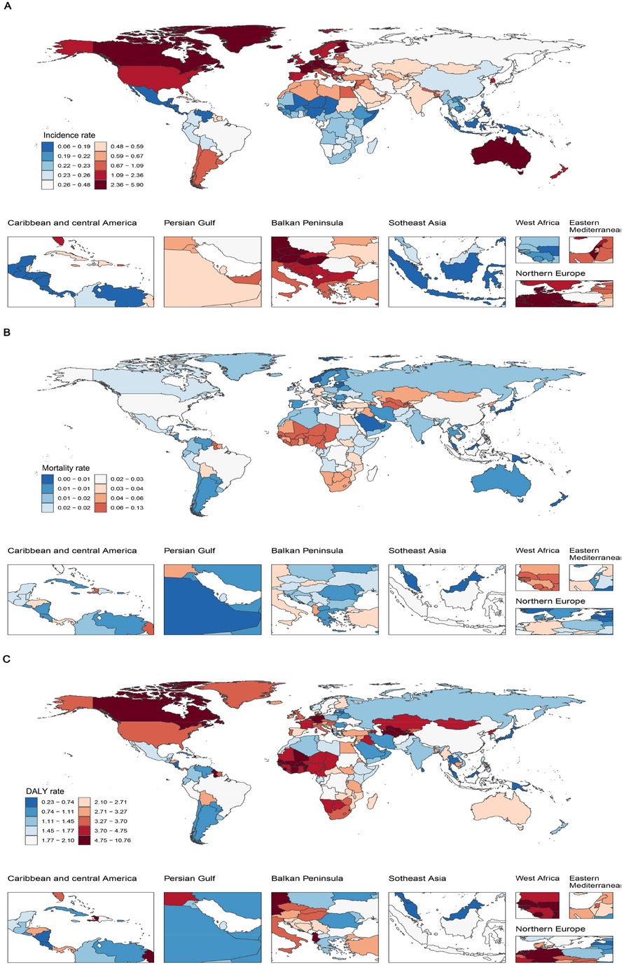 Three world maps display different health metrics. Map A shows incidence rates with varying colors indicating different rate ranges. Map B depicts mortality rates, again using color to differentiate ranges. Map C illustrates DALY (Disability-Adjusted Life Years) rates with distinct color scales. Each map includes regional enlargements, covering areas like the Caribbean, Persian Gulf, and Southeast Asia, providing detailed views of specific regions.