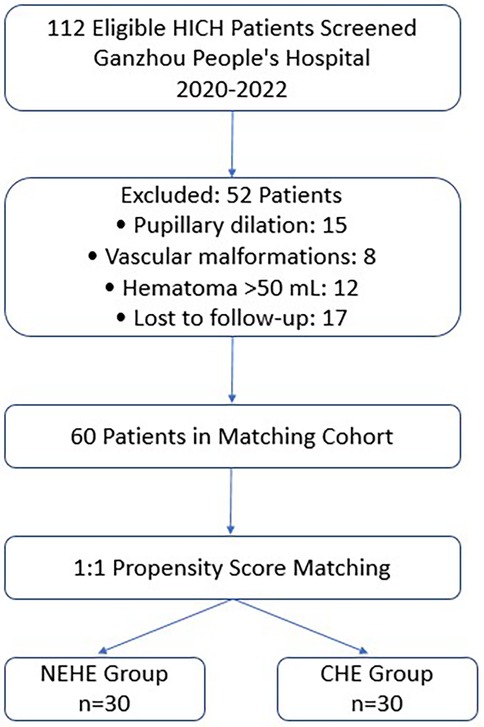 Flowchart depicting patient selection and grouping at Ganzhou People's Hospital from 2020 to 2022. Out of 112 screened HICH patients, 52 were excluded for criteria such as pupillary dilation and vascular malformations, leaving 60 in the matching cohort. These were divided into NEHE and CHE groups, each with 30 patients, using propensity score matching.