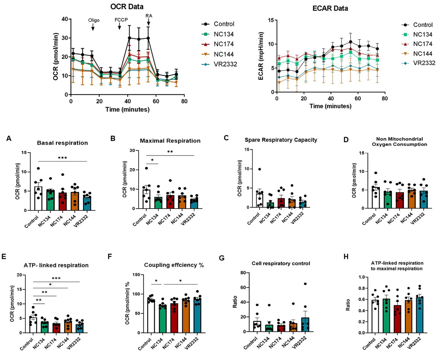 Line graphs and bar charts displaying OCR and ECAR data for various groups: Control, NC134, NC174, NC144, and VR2332. The OCR and ECAR trends over time are shown in the top graphs, with distinct markers for each group. The bar charts (A to H) illustrate different respiratory parameters, including basal respiration, maximal respiration, spare capacity, non-mitochondrial consumption, ATP-linked respiration, coupling efficiency, cell control, and respiration ratios. Error bars and significance levels are indicated. The data provide a comparative analysis of respiratory metrics across the groups.