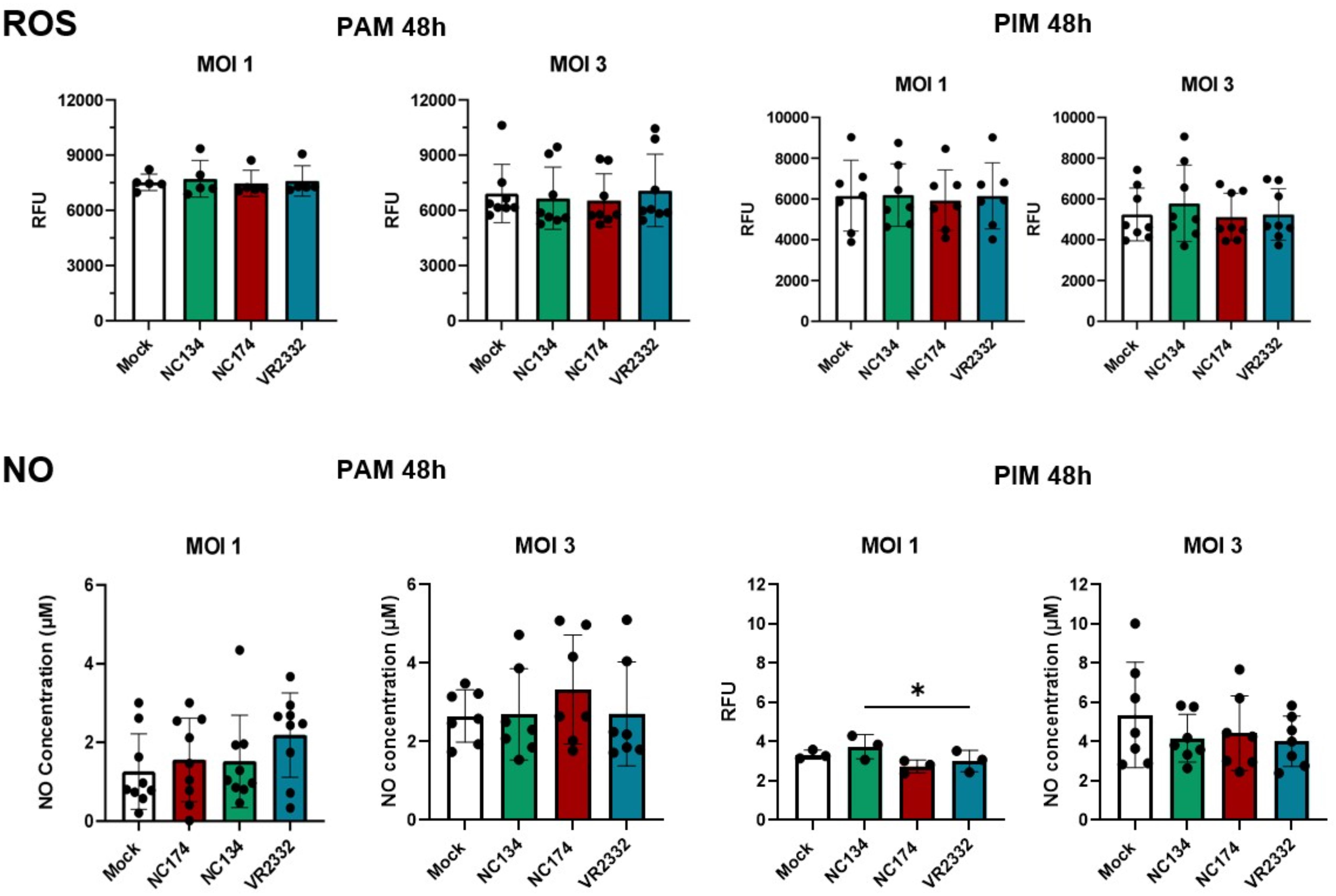 Bar graphs showing ROS and NO levels in PAM and PIM cells after 48 hours at MOI 1 and MOI 3. Top row displays ROS data in relative fluorescence units for Mock, NC134, NC174, and VR2332 groups. Bottom row presents NO concentration in micromolar for the same groups. Error bars indicate standard deviation. Statistical significance is highlighted with an asterisk.
