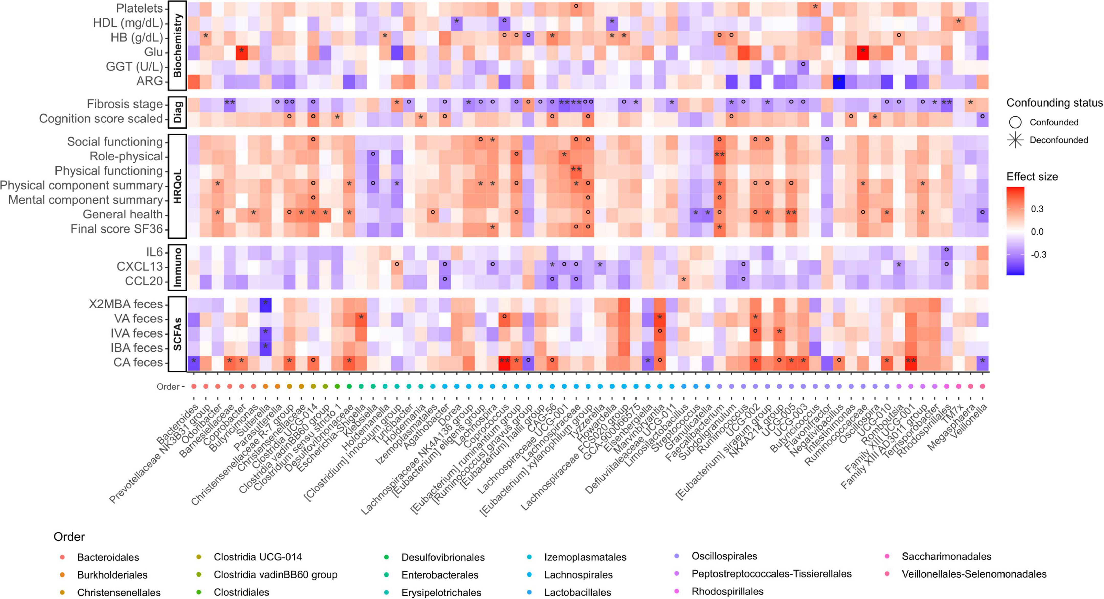 Heatmap displaying various health metrics and gut microbiome orders. Metrics include platelets, HDL, Hb, GGT, ARG, fibrosis, cognition, social and physical functioning, health summaries, IL6, CXCL13, CCL20, X2MBA, VA, IVC, IBA, CA feces. Effect sizes range from negative (blue) to positive (red). Confounding status is indicated by circles for confounded and stars for deconfounded. Microbiome orders, like Bacteroidales and Clostridiales, are color-coded at the bottom.