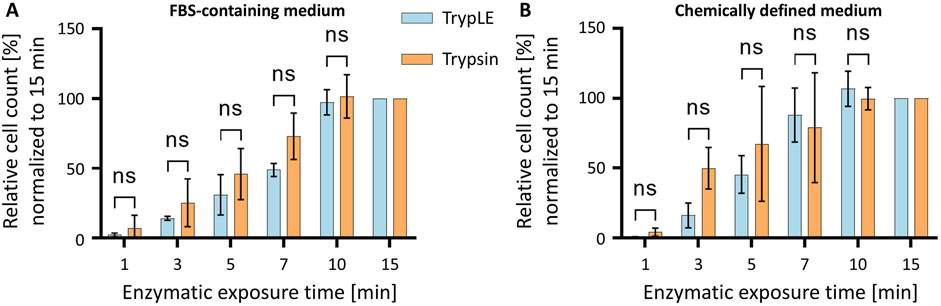 Bar graphs showing relative cell count percentages normalized to 15 minutes. Graph A shows cells in fetal bovine serum (FBS) medium, and Graph B in chemically defined medium, across various enzymatic exposure times. Blue bars represent TrypLE and orange bars represent Trypsin. Data indicates non-significant differences (ns) in cell counts at times one, three, five, seven, ten, and fifteen minutes in both media.