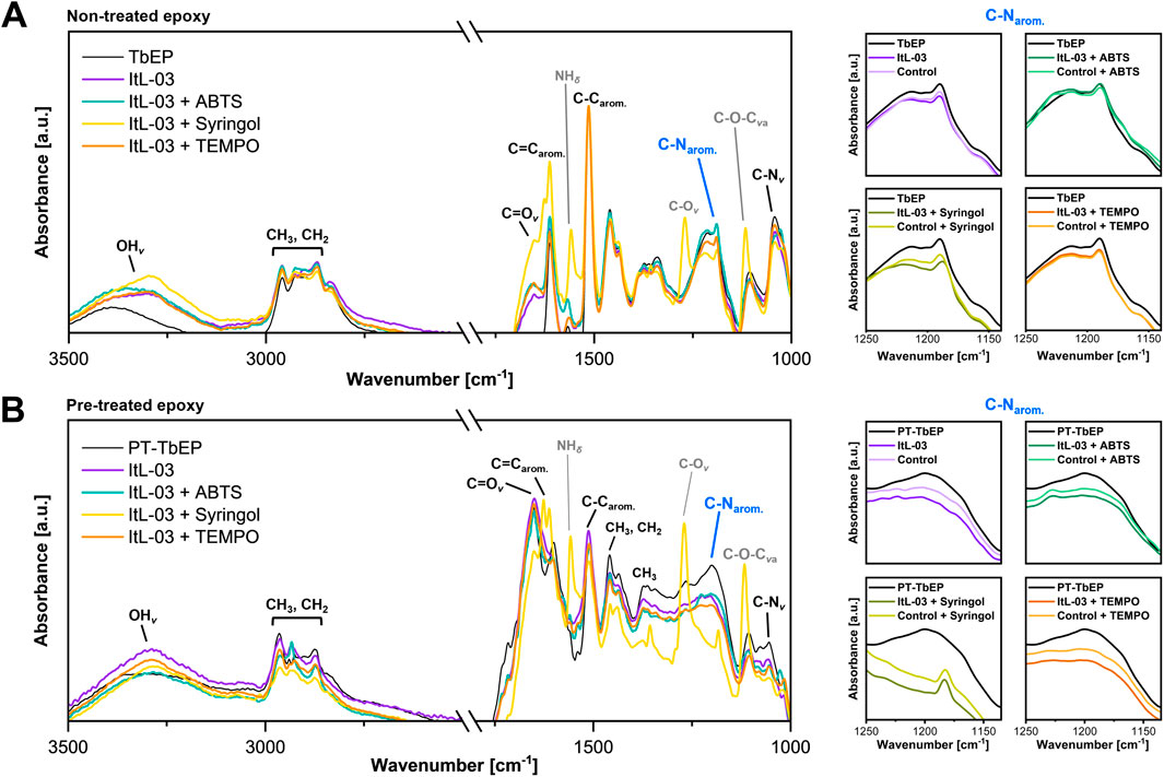 Infrared spectroscopy graphs comparing non-treated and pre-treated epoxy samples: (A) Non-treated epoxies. (B) Pre-treated epoxies. Both panels display absorbance versus wavenumber, with peaks indicating functional groups. Legends identify different treatments, including non-enzymatic treated samples, ItL-03, and combinations with ABTS, Syringol, and TEMPO. Smaller graphs on the right highlight specific absorbance regions around C–N aromatic bonds for each treatment.