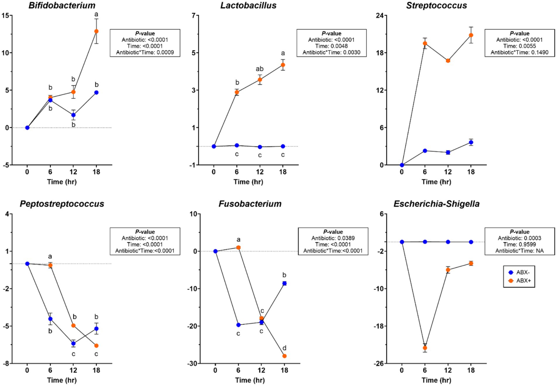 Line graphs depict bacterial growth dynamics for Bifidobacterium, Lactobacillus, Streptococcus, Peptostreptococcus, Fusobacterium, and Escherichia-Shigella over 18 hours. Two conditions are shown: post-antibiotic collected inoculum (orange points) and pre-antibiotic collected inoculum (blue points). Statistical significance is indicated by p-values for antibiotic, time, and their interaction. Each graph includes labeled data points with error bars, demonstrating varying responses to antibiotics and time across the different bacteria.