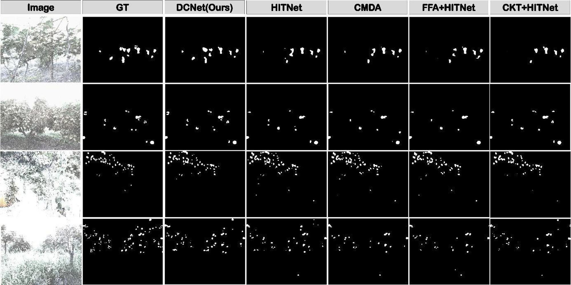 Comparison image showing different detection methods. The left column displays original images of tree foliage. Subsequent columns labeled GT, DCNet (Ours), HITNet, CMDA, FFA+HITNet, and CKT+HITNet show corresponding binary masks where detected elements are highlighted in white against a black background. The results vary across methods, with differences in object detection clarity and coverage.
