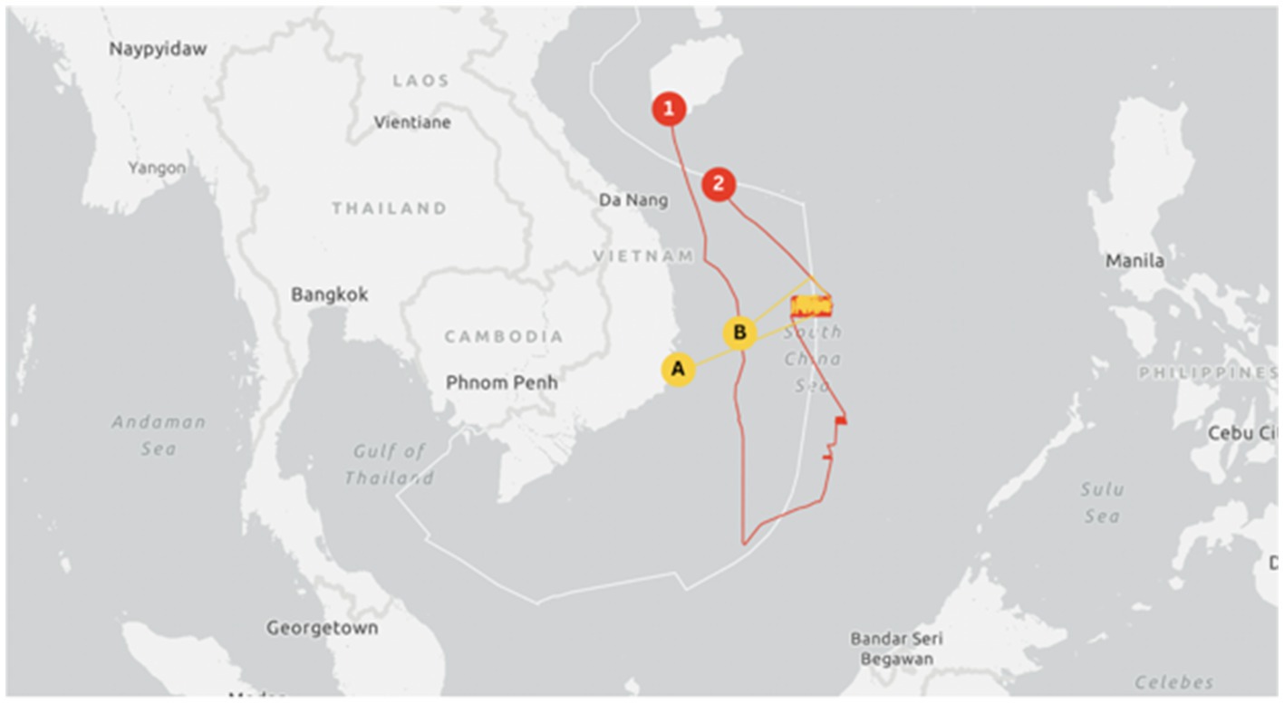 Map of Southeast Asia showing the Andaman Sea, Gulf of Thailand, and South China Sea. Red and yellow lines and points labeled 1, 2, A, B indicate routes and specific locations. Surrounding countries include Vietnam, Thailand, Cambodia, and the Philippines.