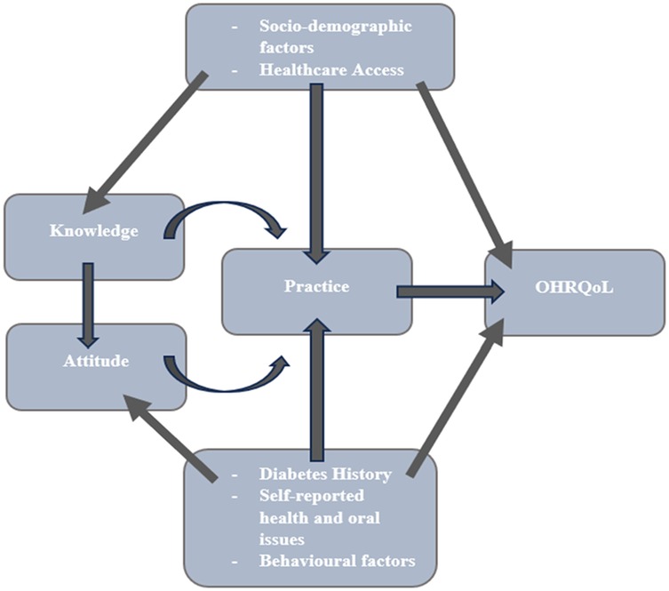 Flowchart illustrating relationships among various factors affecting OHRQoL. Socio-demographic factors and healthcare access influence practice, which then affects OHRQoL. Knowledge impacts practice and attitude, while attitude feeds back into knowledge. Diabetes history, self-reported health and oral issues, and behavioral factors also influence practice. Arrows indicate the direction of influence.