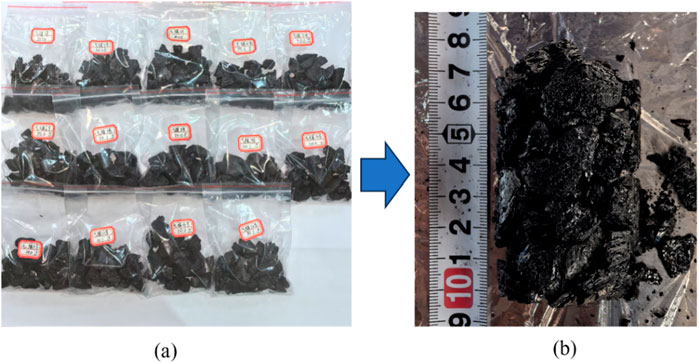 (a) Multiple clear plastic bags filled with dark pieces, each labeled with a red sticker. (b) A close-up of a pile of similar dark material next to a ruler showing measurements in centimeters.