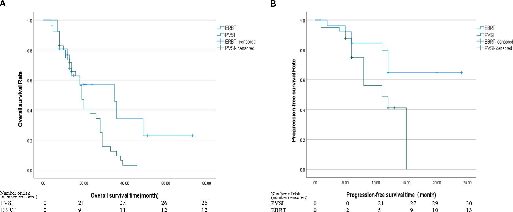 Graph A shows a Kaplan-Meier survival curve comparing overall survival rates between EBRT and PVSI over months. Graph B presents a similar comparison for progression-free survival rates. Both graphs include lines for censored data.
