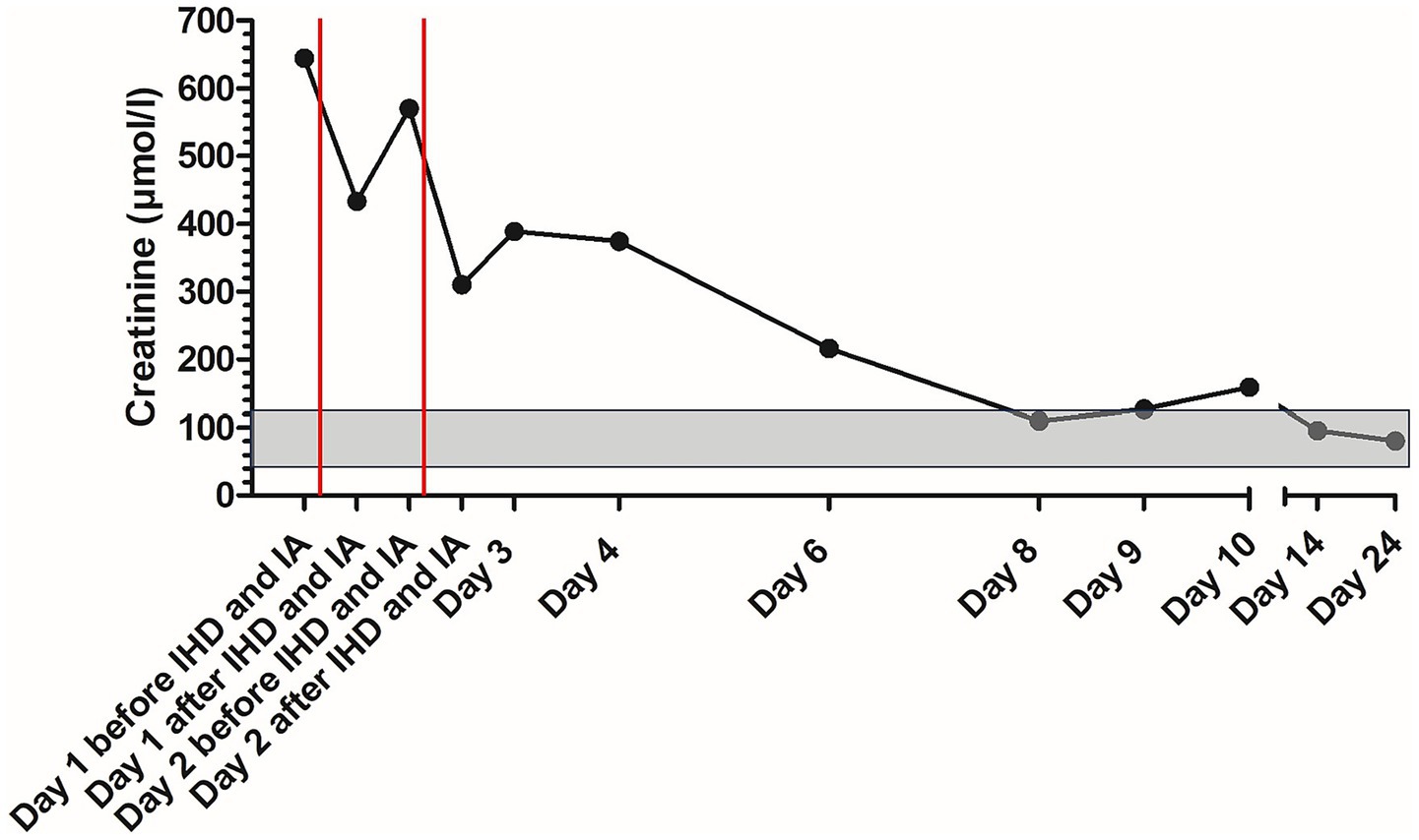 Line graph showing creatinine levels in micromoles per liter over time, from Day 1 to Day 24. Levels peak around 700 on Day 1 and decrease steadily, stabilizing near 100 within a shaded grey area. Red vertical lines indicate specific events.