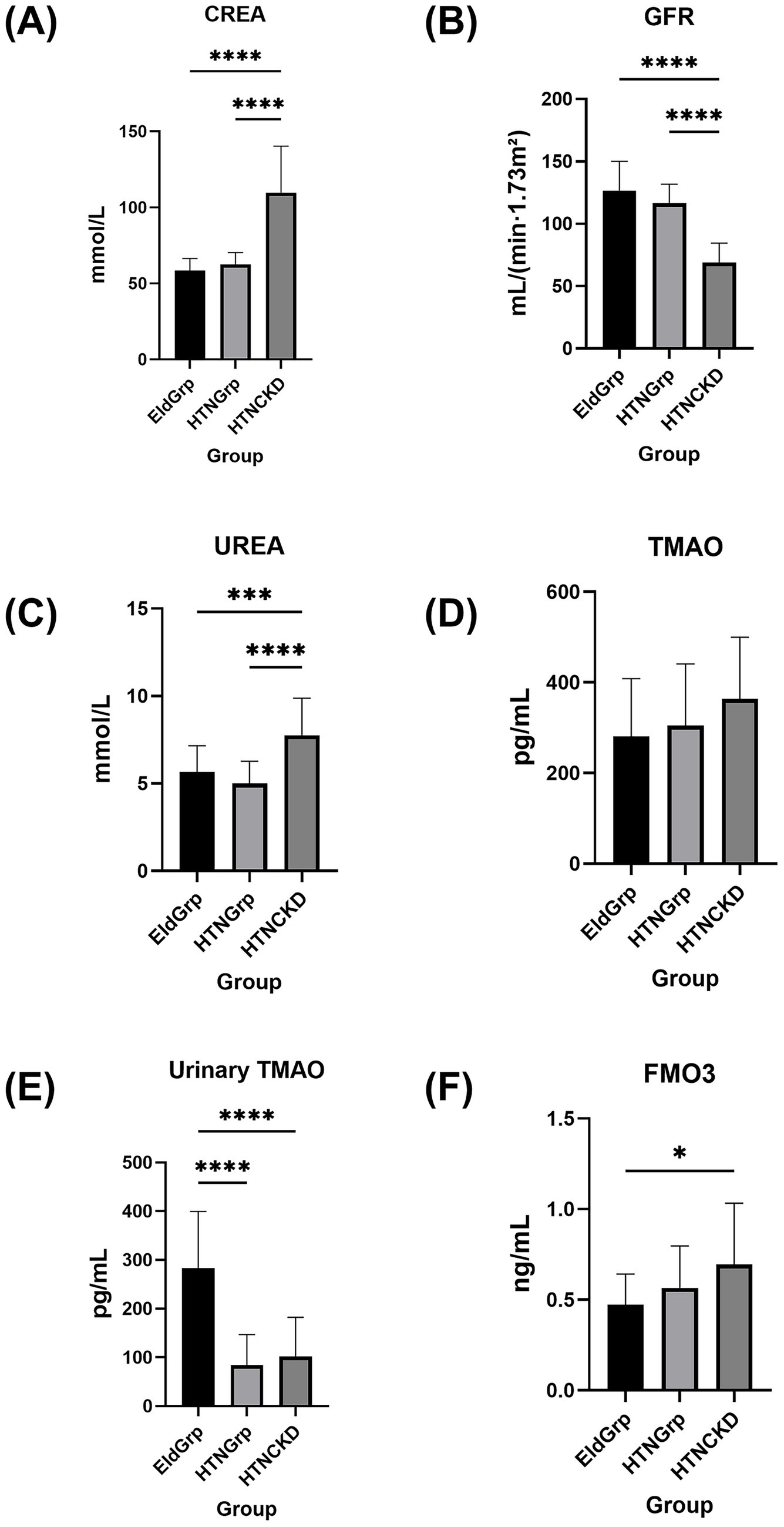 Bar graphs compare six biomarkers across three groups: EldGrp, HTNGrp, and HTNCKD. (A) CREA shows a significant increase in HTNCKD. (B) GFR decreases significantly in HTNCKD. (C) UREA is higher in HTNCKD. (D) TMAO levels are similar across groups. (E) Urinary TMAO is significantly higher in EldGrp. (F) FMO3 is slightly elevated in HTNCKD. Statistical significance is indicated by asterisks.