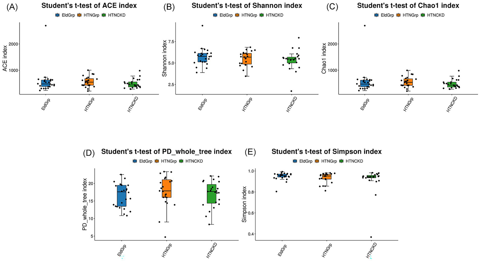Box plots compare various diversity indices across three groups: EldGrp, HTNGrp, and HTNCKD. (A) ACE index shows similar medians with outliers. (B) Shannon index has slight variability across groups. (C) Chao1 index displays consistent medians. (D) PD_whole_tree index indicates slight differences. (E) Simpson index is nearly uniform. Data points and variance are depicted by whiskers and dots.