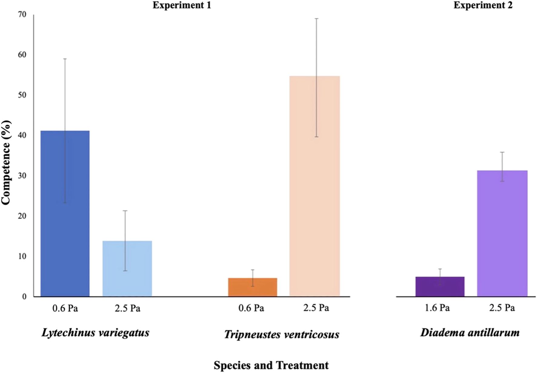 Bar chart showing competence percentages for three species under different treatments in Experiments 1 and 2. Lytechinus variegatus shows higher competence at 0.6 Pa than 2.5 Pa. Tripneustes ventricosus exhibits greater competence at 2.5 Pa compared to 0.6 Pa. Diadema antillarum shows higher competence at 2.5 Pa than 1.6 Pa. Error bars indicate variability.
