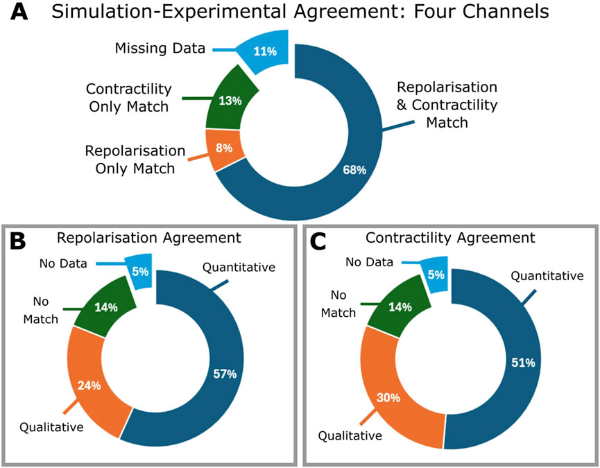 Image presenting three circular charts illustrating simulation-experimental agreement across four channels. Chart A shows 68% repolarisation and contractility match, 11% missing data, 13% contractility only match, and 8% repolarisation only match. Chart B displays 57% quantitative, 24% qualitative, 14% no match, and 5% no data for repolarisation agreement. Chart C shows 51% quantitative, 30% qualitative, 14% no match, and 5% no data for contractility agreement. Each section is color-coded.