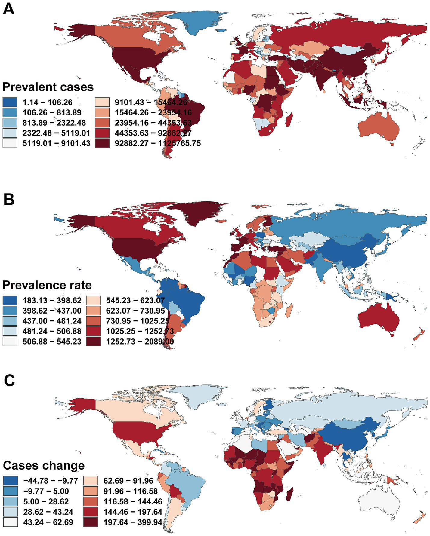 Map series illustrating health data across regions. A: Prevalent cases map, showing a gradient from low (blue) to high (dark red).B: Prevalence rate map, showing a gradient from low (blue) to high (dark red).C: Cases change map, showing variations from decrease (blue) to increase (red) in cases. Maps provide regional patterns of health metrics.