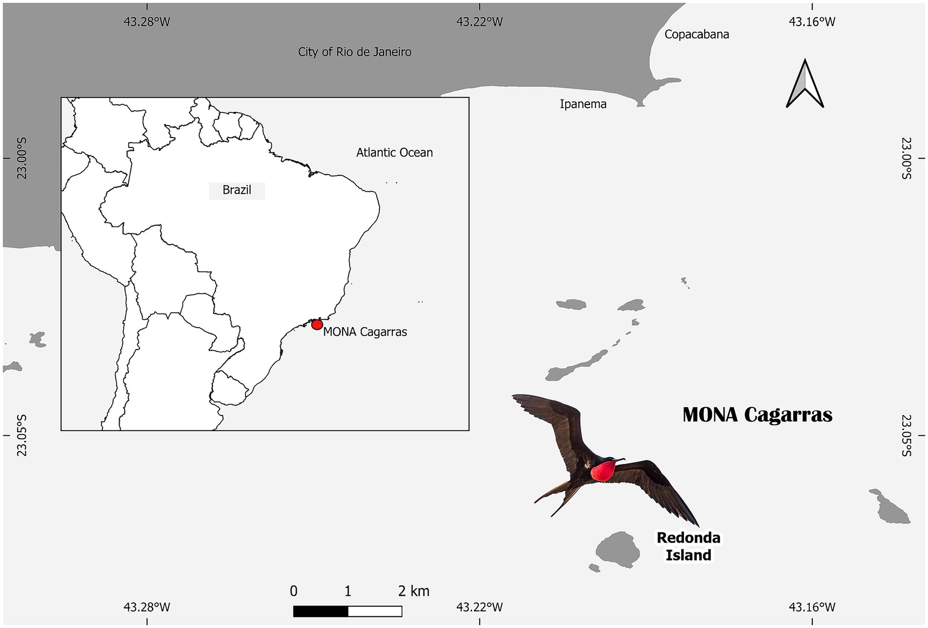 Map of the Cagarras Archipelago near Rio de Janeiro, Brazil, marked by a red dot labeled