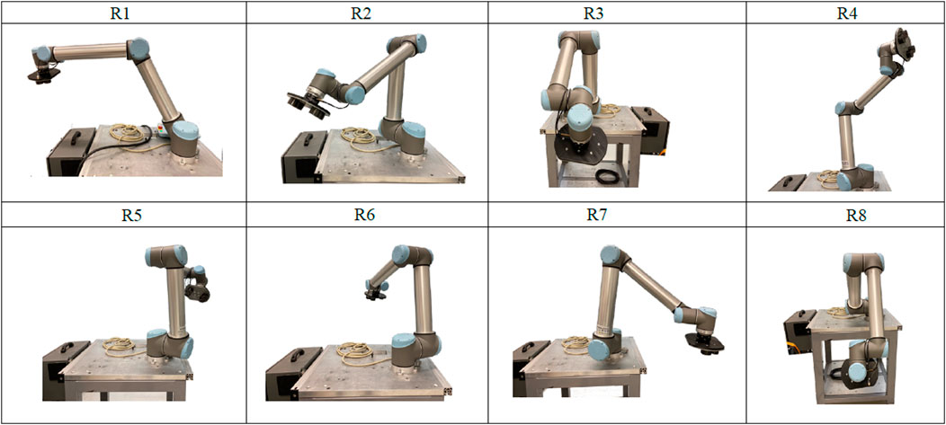 Eight images show a robotic arm on a table in various poses. Each image is labeled R1 through R8, indicating different positions or configurations of the robotic arm, which features gray body parts with light blue joints and a tool attached to its end.
