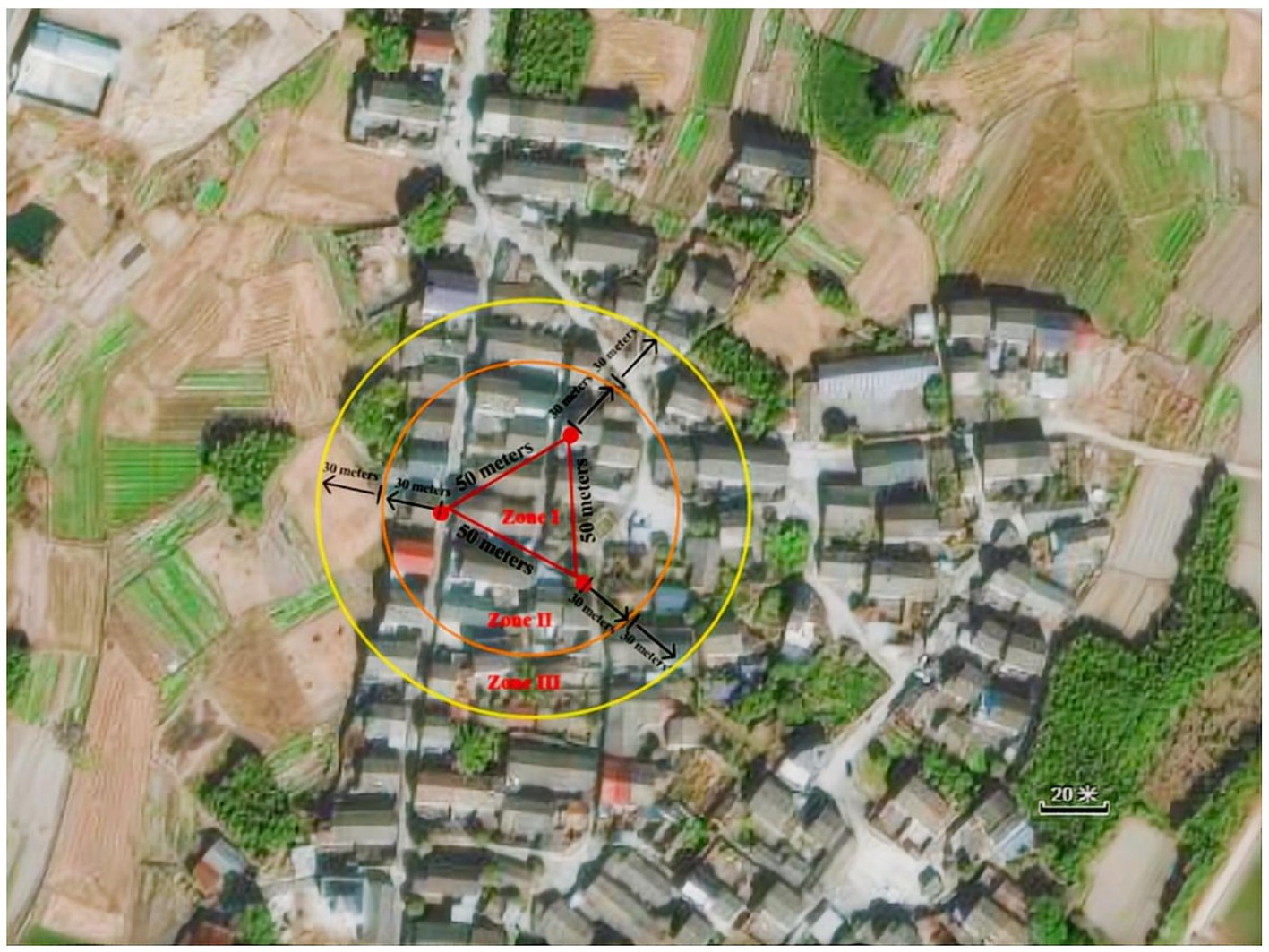 Zone I is a equilateral triangle area consists of three catches (50 meters apart between each other), Zone II is a circular area extending 30 m radially from each trap perimeter excluding Zone I, Zone III is the outer circular area extends an additional 30 m beyond the boundaries of Zone II, excluding Zones I and II.