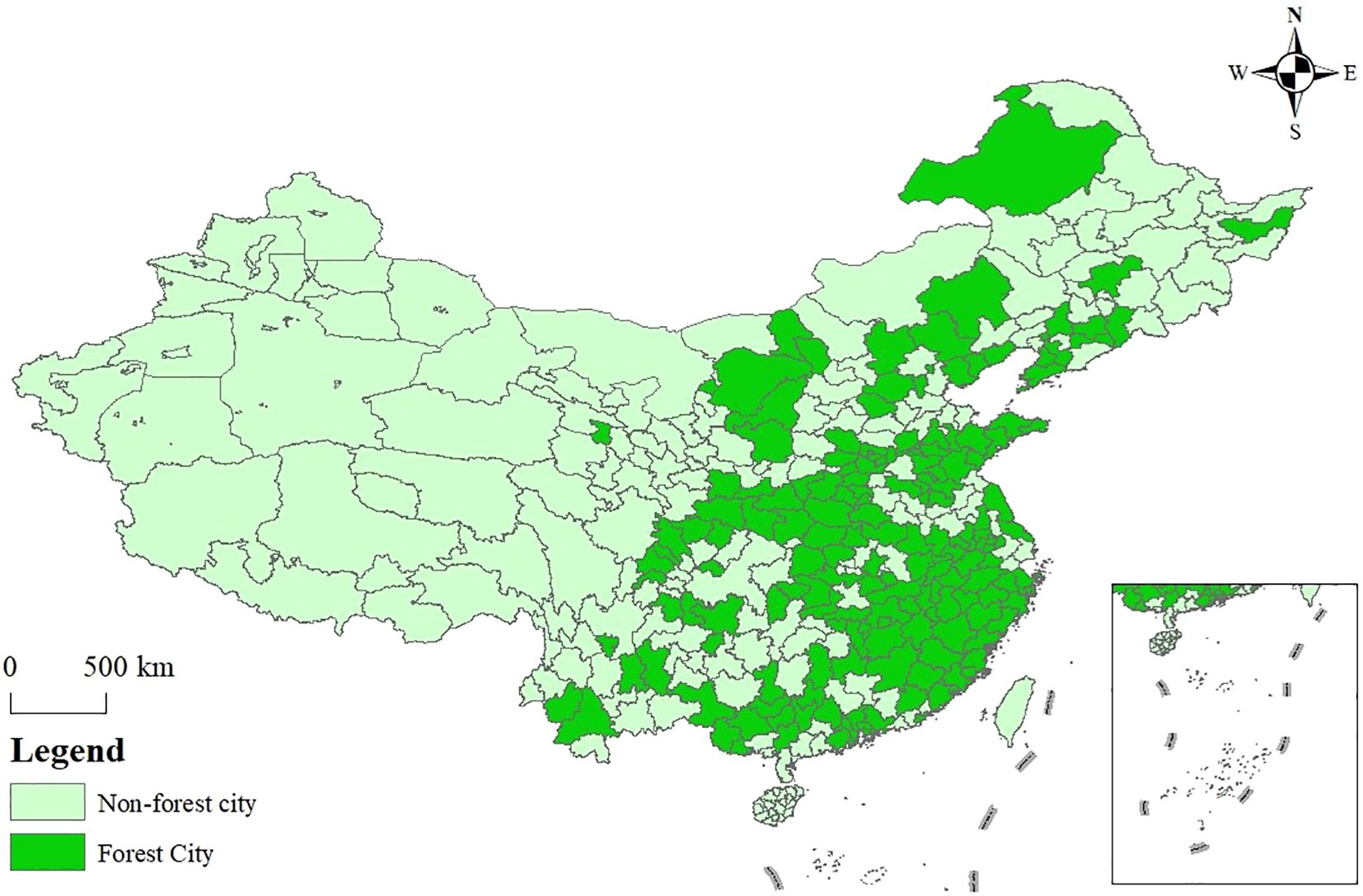 Map of China illustrating forest cities in dark green and non-forest cities in light green. Most forest cities are located in the eastern and southeastern regions. An inset shows additional details. A compass rose indicates cardinal directions, and a scale bar is present.