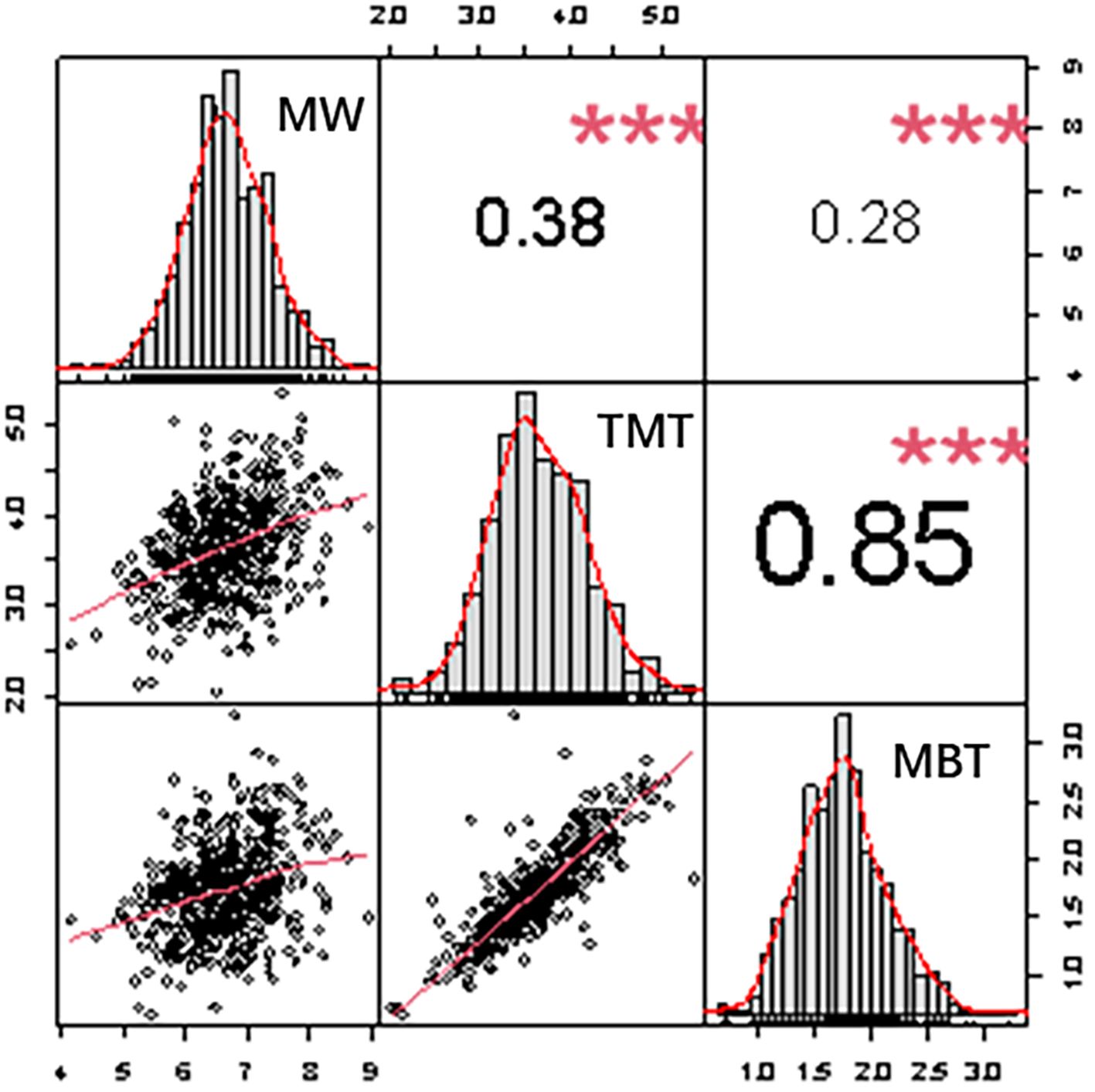 Scatterplot matrix showing relationships between variables MW, TMT, and MBT. Each diagonal contains histograms with red density lines. Off-diagonal scatterplots include red trend lines. Correlation coefficients (0.38, 0.28, 0.85) and significance stars are shown.
