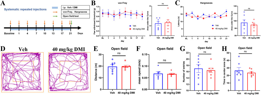 Diagram showing the experimental timeline and results of a study using von Frey, Hargreaves, and open field tests over 21 days. (A) Timeline with systemic repeated injections and test days. (B) von Frey test chart showing paw withdrawal thresholds. (C) Hargreaves test data with latency values. (D) Open field activity paths for Veh and 40 mg/kg DMI groups. (E-H) Bar graphs comparing distance, mean speed, number of entries, and time in center zone between Veh and 40 mg/kg DMI groups, showing no significant differences.