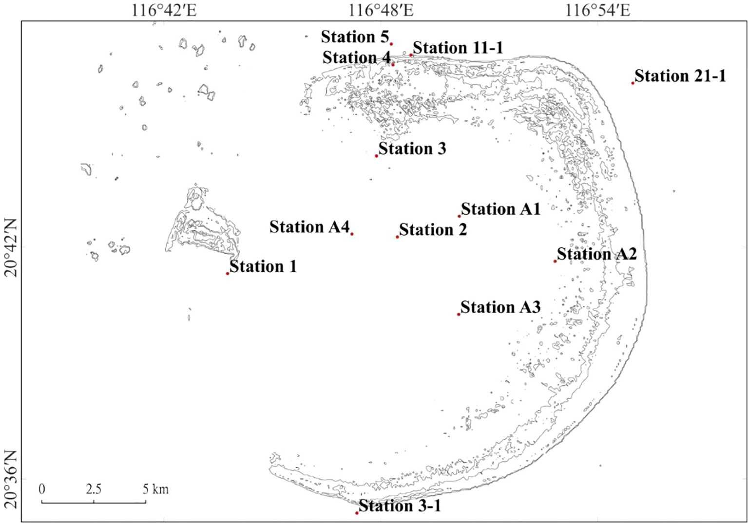 Map displaying various station locations marked by red dots along a topographical loop. Stations include A1, A2, A3, A4, 1, 2, 3, 3-1, 4, 5, 11-1, and 21-1. Latitude and longitude are indicated, with a scale ranging up to 5 kilometers.