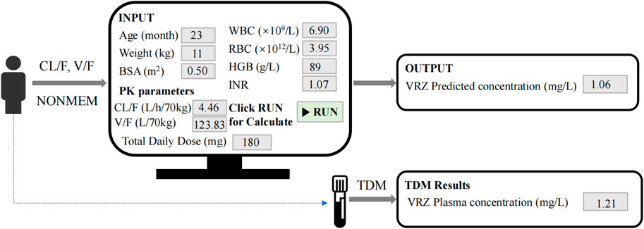 Flowchart depicting a pharmacokinetic modeling process. Inputs include age, weight, BSA, WBC, RBC, HGB, INR, CL/F, V/F, and total daily dose. Upon execution, the system calculates the VRZ predicted concentration as 1.06 mg/L. TDM results show a VRZ plasma concentration of 1.21 mg/L. The process involves NONMEM for parameter estimation and TDM for results verification.