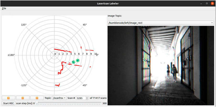 Main interface of the laser scan labeling tool. The tool displays the laser scan and the video feed from a camera topic side by side, and allows the user to easily create and track annotations using the mouse.