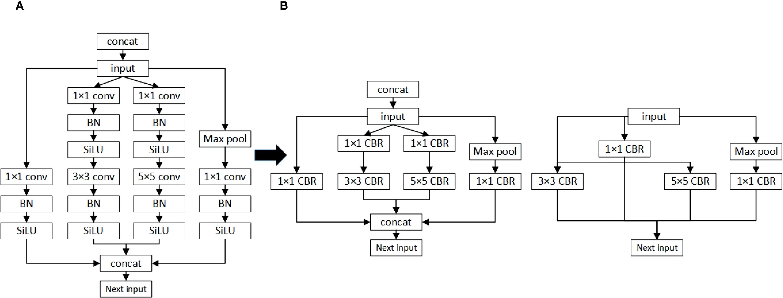 Diagram comparing neural network architectures labeled A and B. Panel A shows a series of steps including input, concatenation, 1x1, 3x3, and 5x5 convolution layers, batch normalization (BN), and the SiLU activation function, followed by max pooling and further convolution. Panel B illustrates a similar structure with the use of CBR layers instead of individual convolution and batch normalization steps, also incorporating max pooling and concatenation leading to the next input. An arrow indicates a transition from architecture A to B.