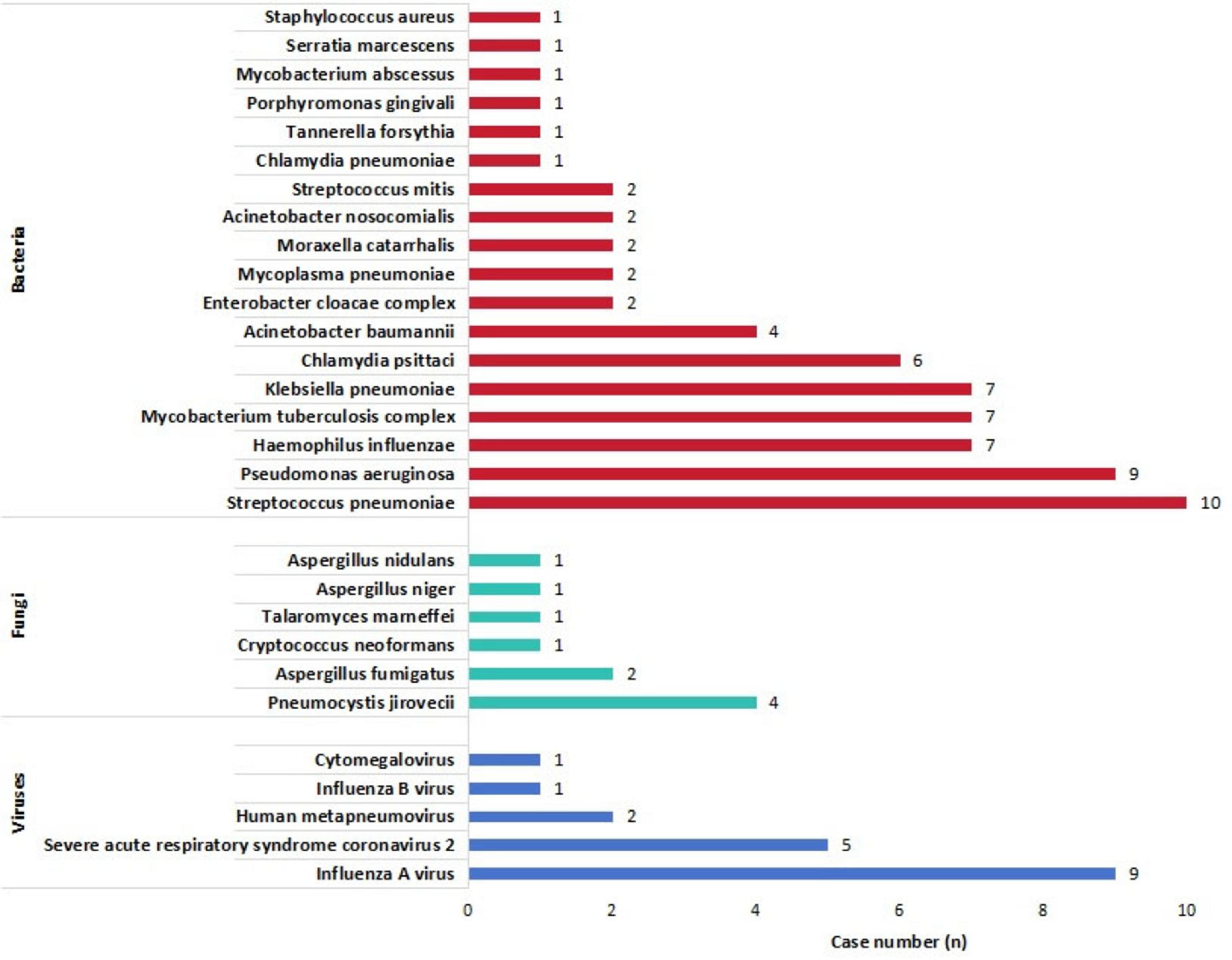 Bar chart showing the number of cases for various pathogens.The most commonly detected bacteria include Streptococcus pneumoniae with 10 cases and Pseudomonas aeruginosa with 9. The most prevalent fungi is Pneumocystis jirovecii with 4 cases. The primary viruses show Influenza A with 9 cases and SARS-CoV-2 with 5.