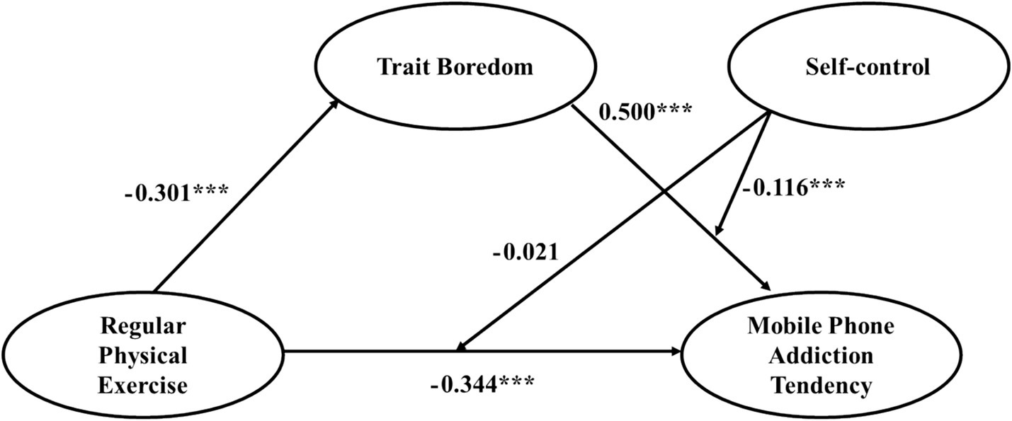 Path diagram illustrating the relationships between variables. Regular physical exercise negatively affects trait boredom and mobile phone addiction tendency, with values of negative 0.301 and negative 0.344, respectively. Trait boredom positively affects self-control with 0.500 and negatively affects mobile phone addiction tendency with negative 0.021. Self-control negatively affects mobile phone addiction tendency with negative 0.116.