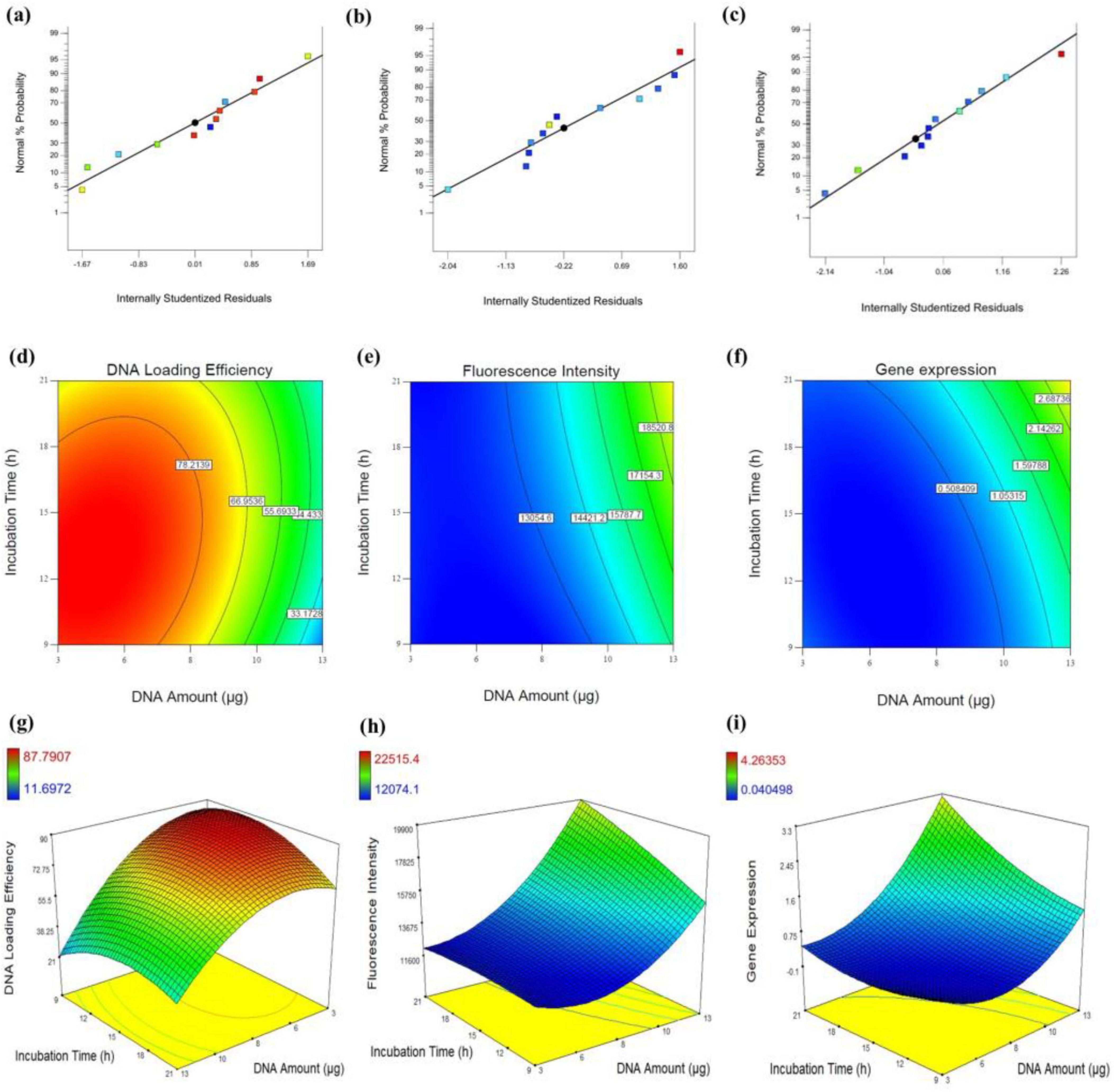 (a)-(c) Linear plots showing normal probability against internally studentized residuals for three data sets. (d)-(f) Contour plots of DNA loading efficiency, fluorescence intensity, and gene expression over incubation time and DNA amount. (g)-(i) 3D surface plots illustrating the same parameters as in d-f, with color gradients indicating intensity levels.