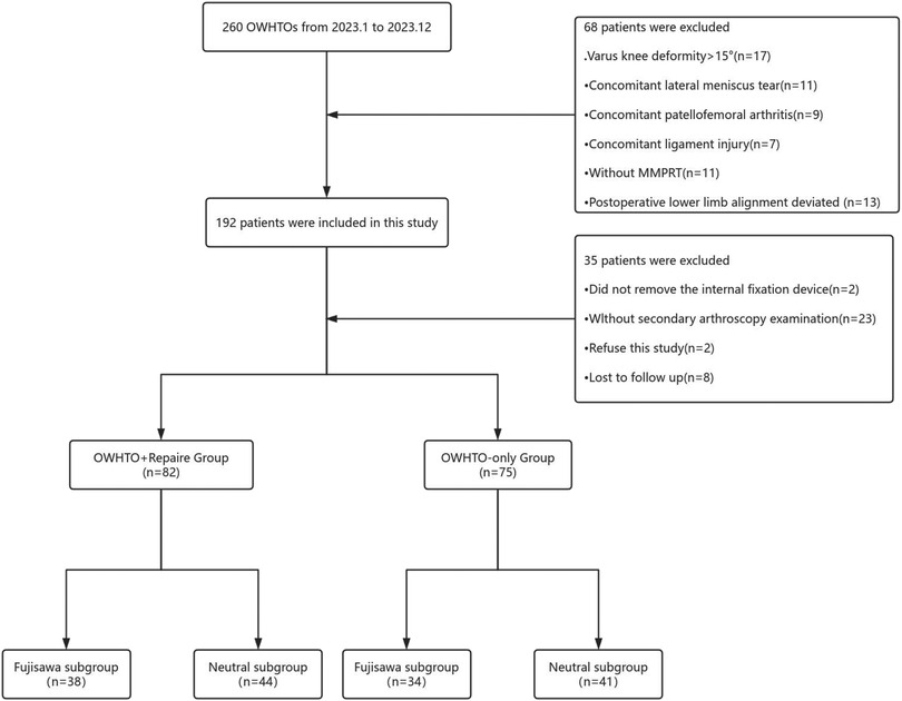 Flowchart depicting the selection process for a study of 260 OWHTO procedures from January to December 2023. Sixty-eight patients were excluded for various reasons, leaving 192 included. They were categorized into two groups: OWHTO+Repair Group with eighty-two patients, and OWHTO-only Group with seventy-five patients. Each group was further divided into Fujisawa and Neutral subgroups. The OWHTO+Repair Group had thirty-eight in Fujisawa and forty-four in Neutral. The OWHTO-only Group had thirty-four in Fujisawa and forty-one in Neutral.