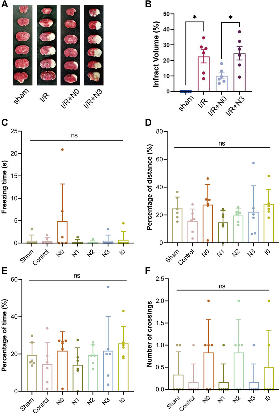 Panel A shows brain slices from different treatment groups: sham, I/R, I/R+N0, and I/R+N3, with infarct areas visible. Panel B presents a bar chart of infarct volumes (%) with significant differences marked by asterisks. Panels C, D, E, and F depict various metrics: freezing time (seconds), percentage of distance (%), percentage of time (%), and number of crossings, respectively, across treatment groups. Each panel includes data points with error bars, and