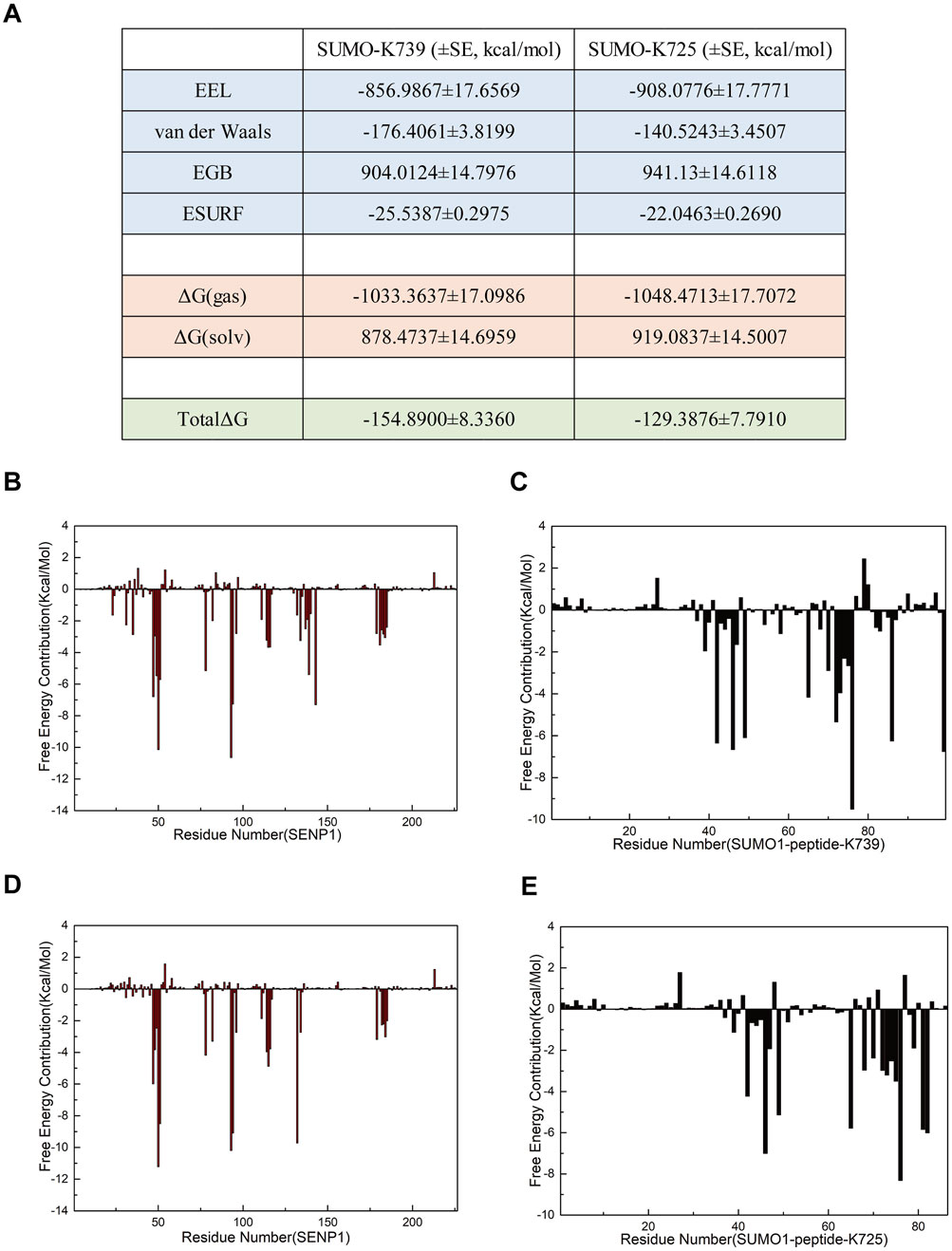 Panel A displays a table comparing free energy components for SUMO-K739 and SUMO-K725 in kcal/mol, listing values for EEL, van der Waals, EGB, and ESURF, along with gas, solvent, and total delta G values. Panels B, C, D, and E show bar graphs of free energy contributions versus residue number. B and D represent SENP1 fragments, while C and E show SUMO1-peptide interactions for K739 and K725.