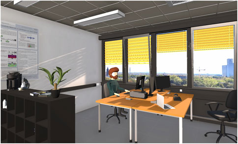 A 3D-rendered office scene with a person sitting at a desk, facing a computer. Large windows with yellow blinds provide a view of a cityscape and trees. A black cabinet in the foreground holds a plant, coffee maker, and other items. A poster with diagrams and text is on the wall.