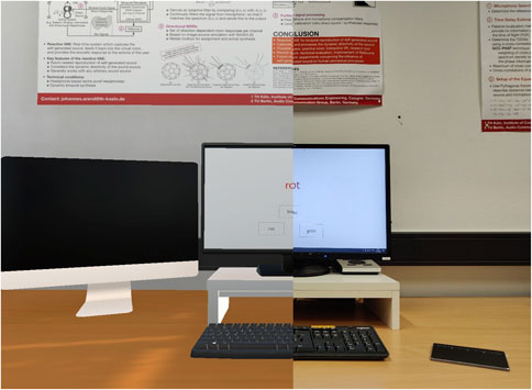 A split image showing the real (right) and 3D environment (left) side by side. The setup on the desktop monitor displays the stroop task used in this experiment.