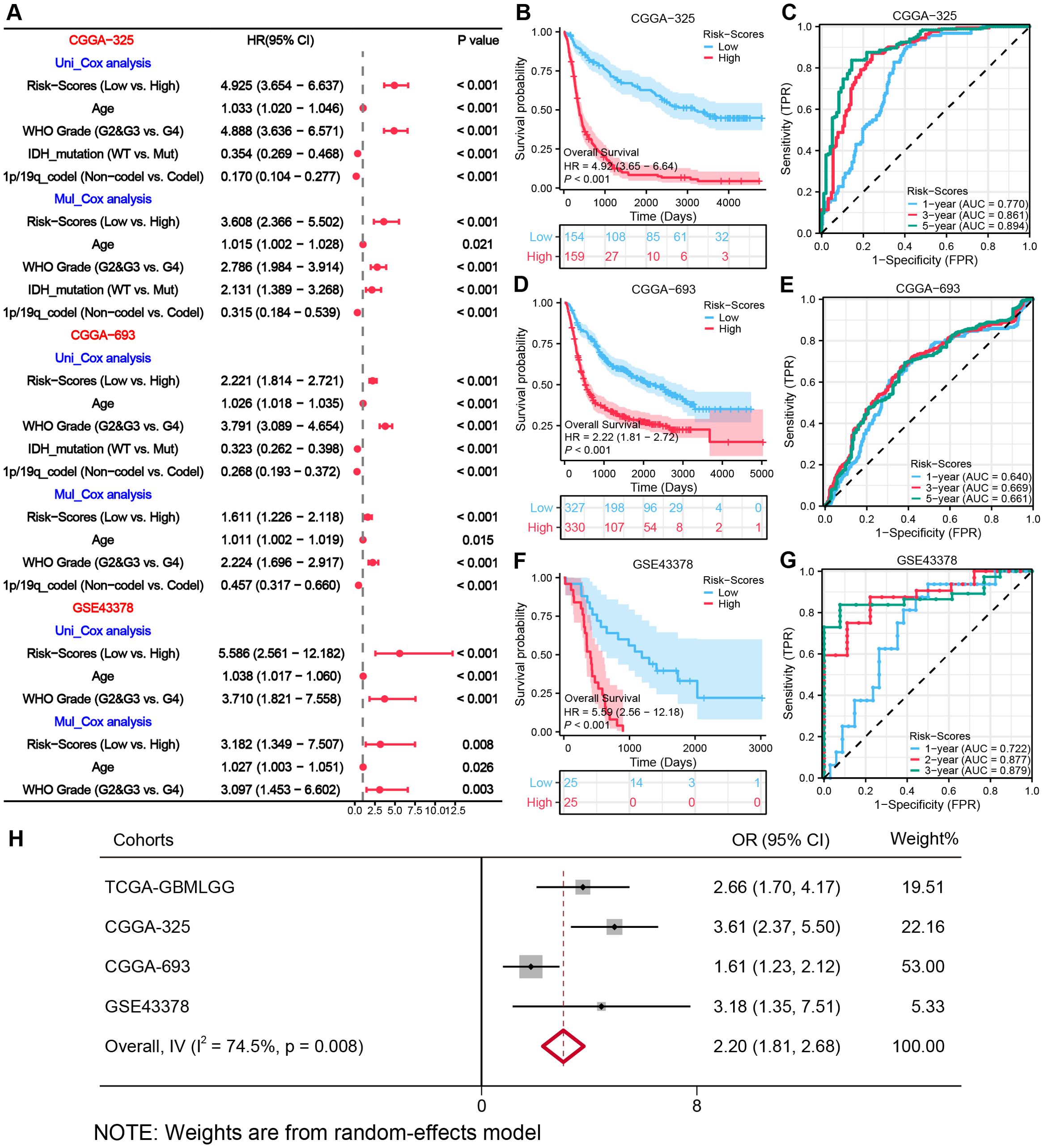 Panel A shows hazard ratios and confidence intervals from univariate and multivariate Cox analyses for different cohorts, indicating significant risk scores and genetic factors affecting survival. Panels B, D, and F display survival curves for CGGA-325, CGGA-693, and GSE43378 cohorts, respectively, showing lower survival probabilities for high-risk scores. Panels C, E, and G provide ROC curves for these cohorts, with AUC values for one-year, three-year, and five-year predictions. Panel H shows a forest plot of odds ratios for different cohorts with an overall effect size, highlighting heterogeneity across studies.
