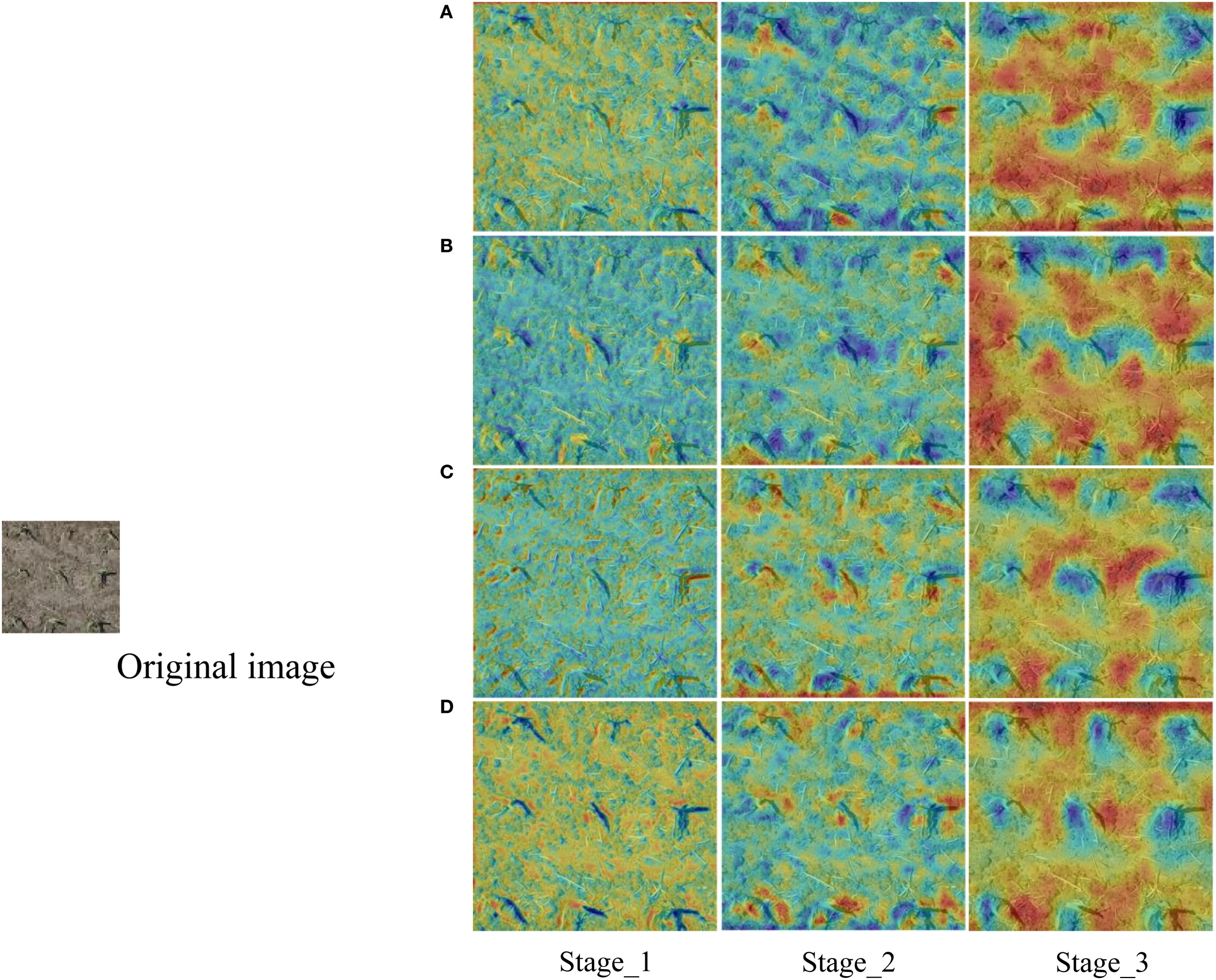 Displays a collection of images depicting different stages of a process labeled Stage 1, Stage 2, and Stage 3 in columns, with rows A, B, C, and D. Each image features a colorful texture with varying patterns and colors, ranging from blue and green to red and yellow. An original gray-toned image is shown on the left.