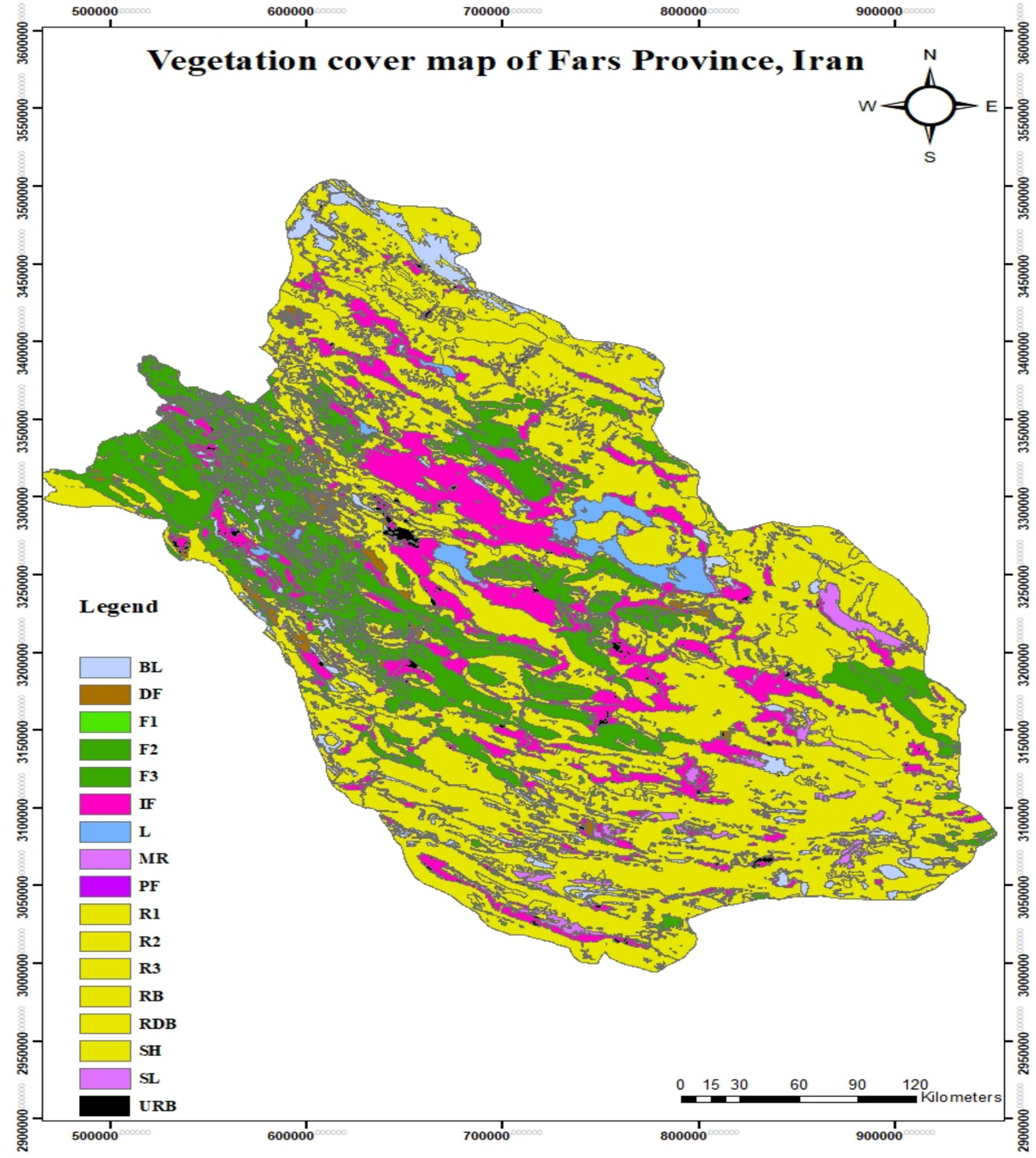 Vegetation cover map of Fars Province, Iran, depicting various land types in colors. The map includes a legend with color codes for land categories like forests, urban areas, and different vegetation types. A scale and compass rose are also present.