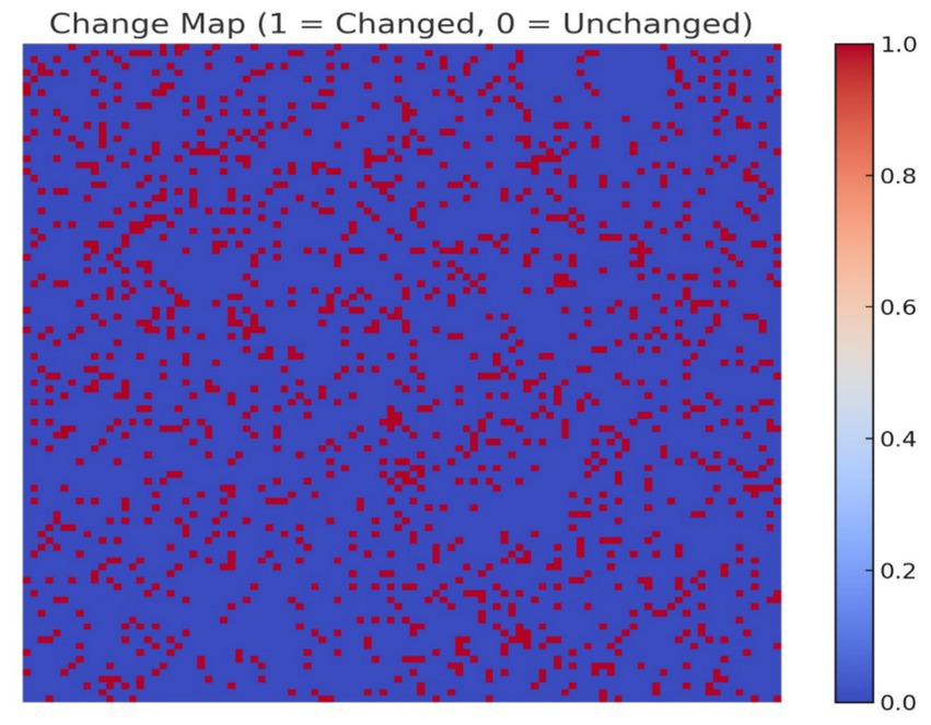 Change map with a blue background and red squares indicating changes. The color scale on the right ranges from blue (0.0) to red (1.0), denoting unchanged to changed areas.