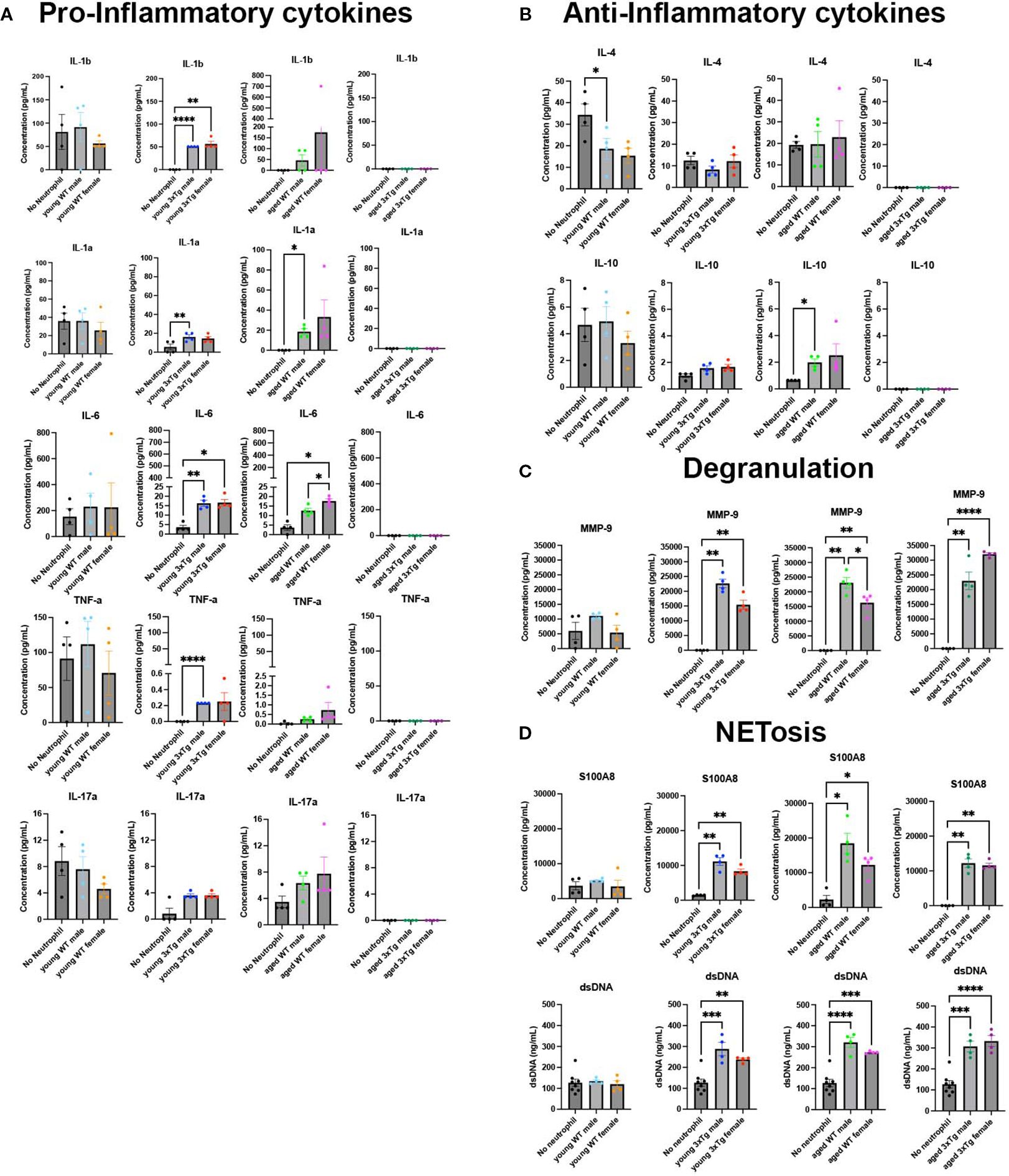 Grouped bar graphs displaying cytokine concentrations under different conditions. Section A shows pro-inflammatory cytokines including IL-1b, IL-1a, IL-6, TNF-a, and IL-17a. Section B shows anti-inflammatory cytokines IL-4 and IL-10. Section C illustrates degranulation with MMP-9. Section D depicts NETosis with S100A8 and dsDNA. Each graph displays measured concentrations with various treatment labels and statistical significance annotations.