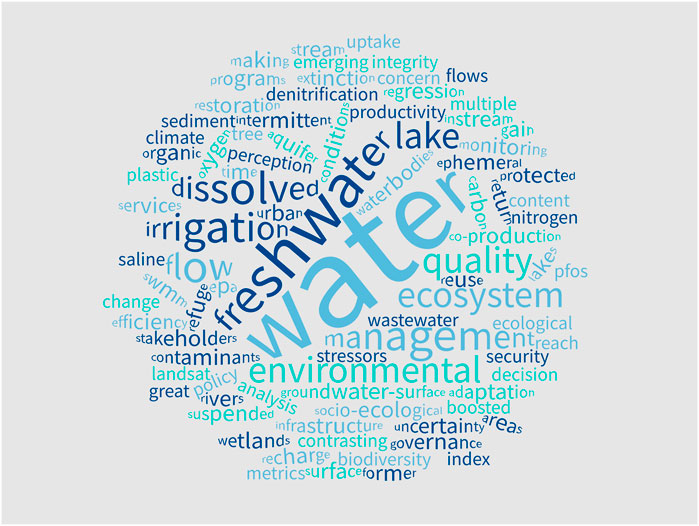 Word cloud featuring terms related to water management and environmental issues. Prominent words include “water,” “freshwater,” “irrigation,” “lake” “environmental,” “flow,” “management,” “ecosystem,” and “quality.”